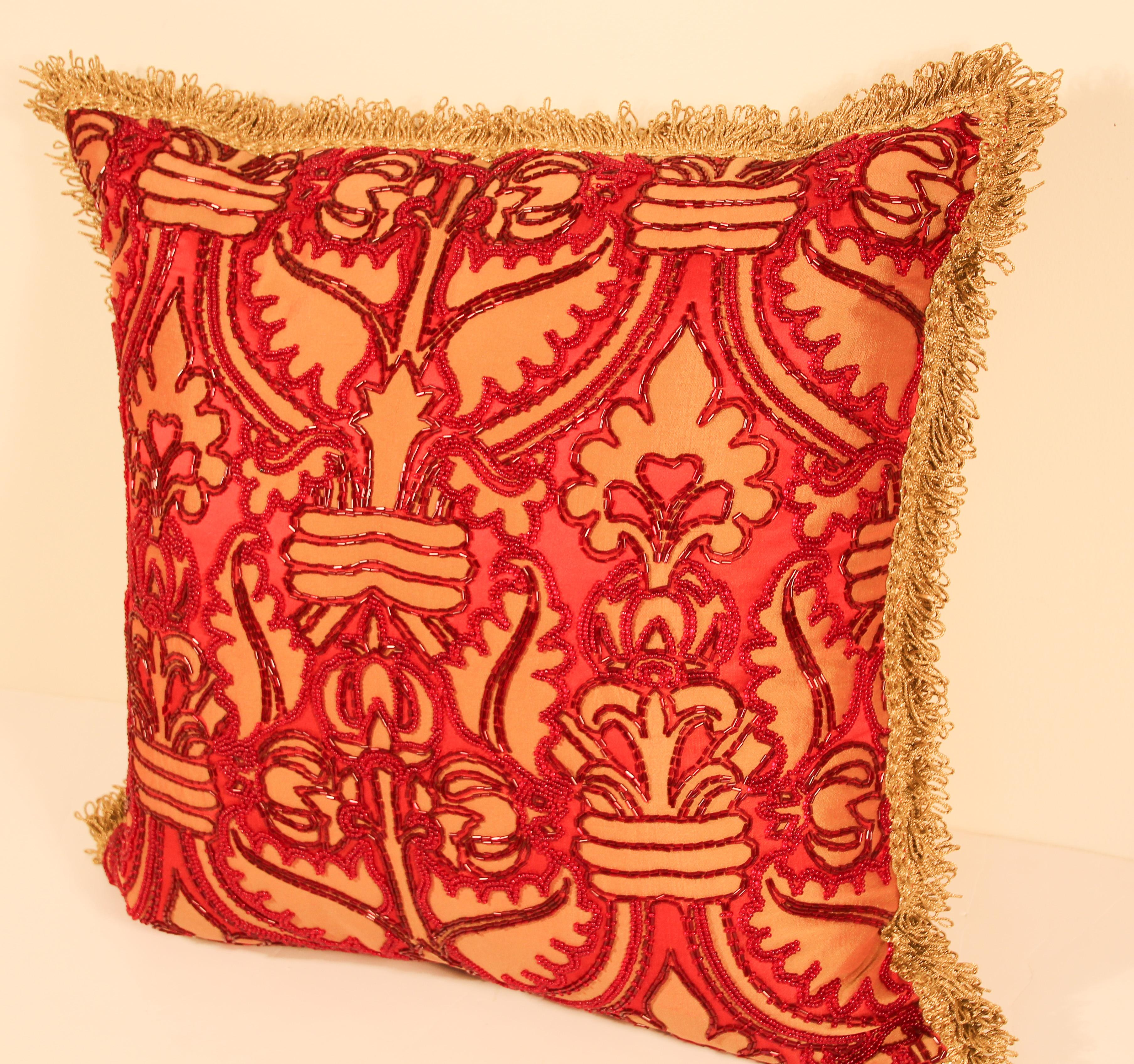 20th Century Pair of Large Silk Pillows with Metallic Threads and Red Beads