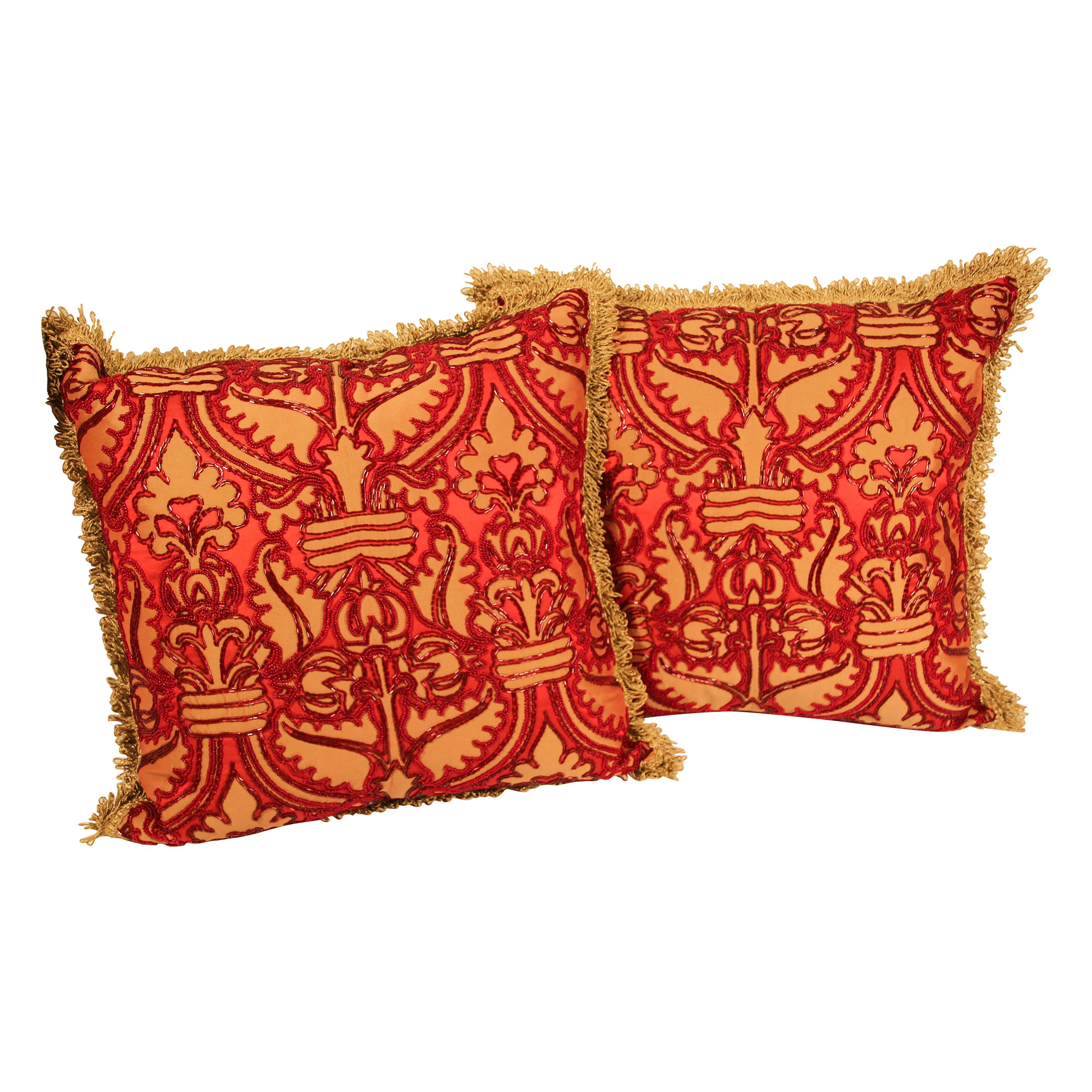 Pair of Large Silk Pillows with Metallic Threads and Red Beads
