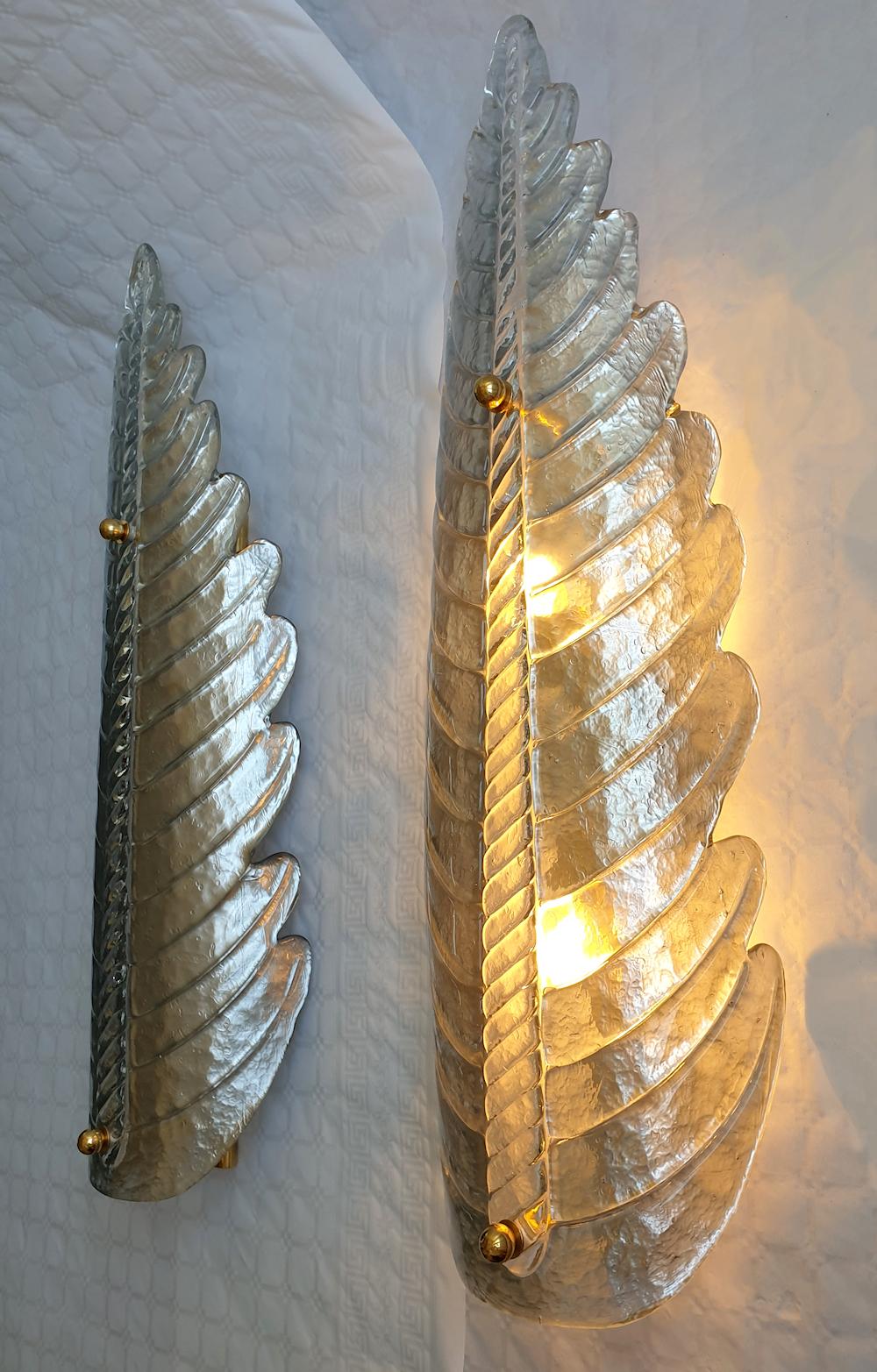 Mid-Century Modern Mid Century Large Silver Murano Glass Leaf Sconces - a pair