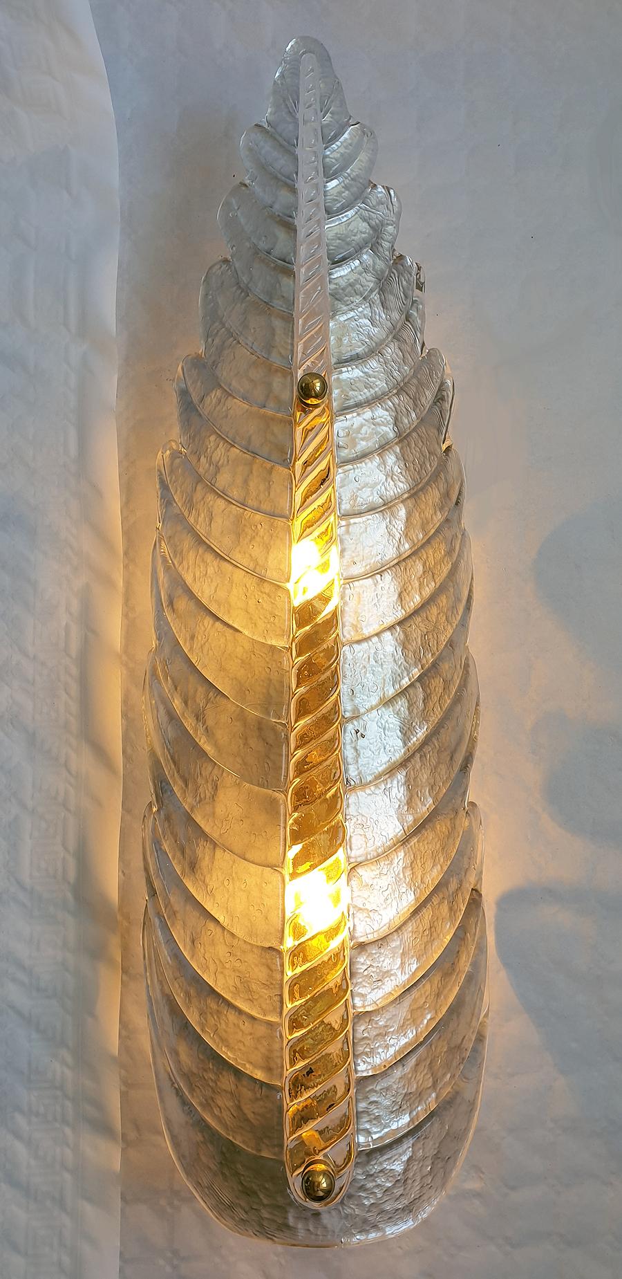 Italian Mid Century Large Silver Murano Glass Leaf Sconces - a pair