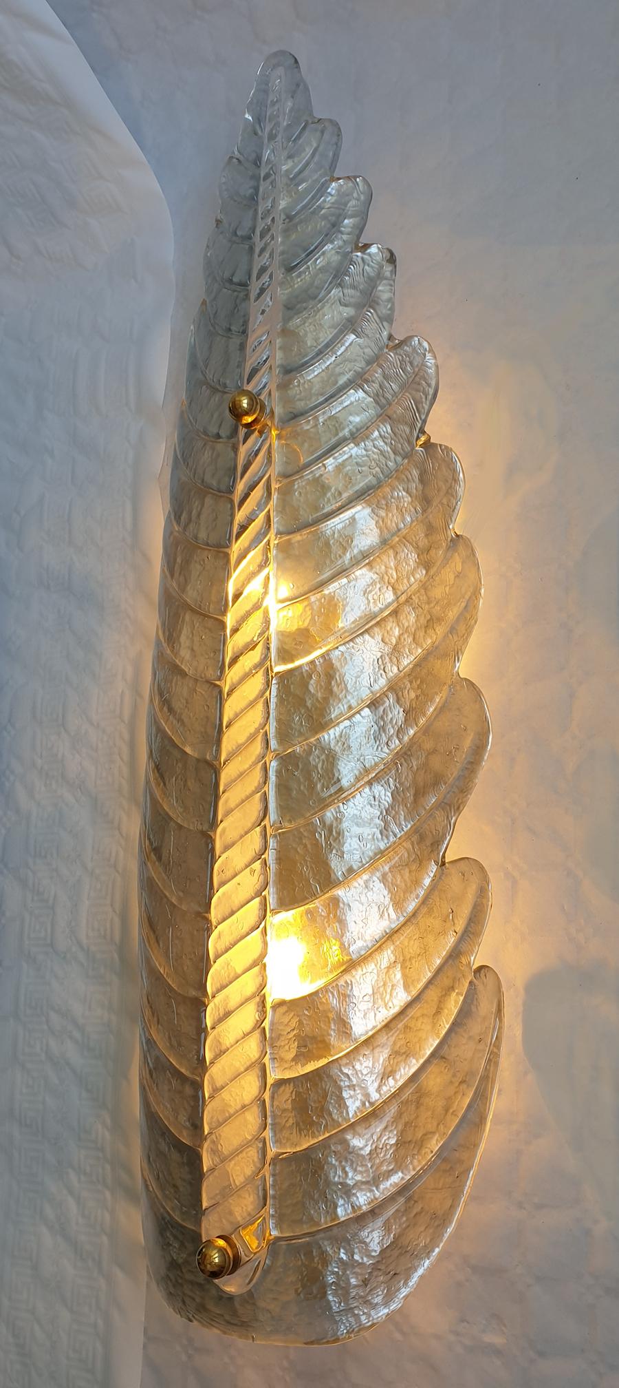 Hand-Crafted Mid Century Large Silver Murano Glass Leaf Sconces - a pair