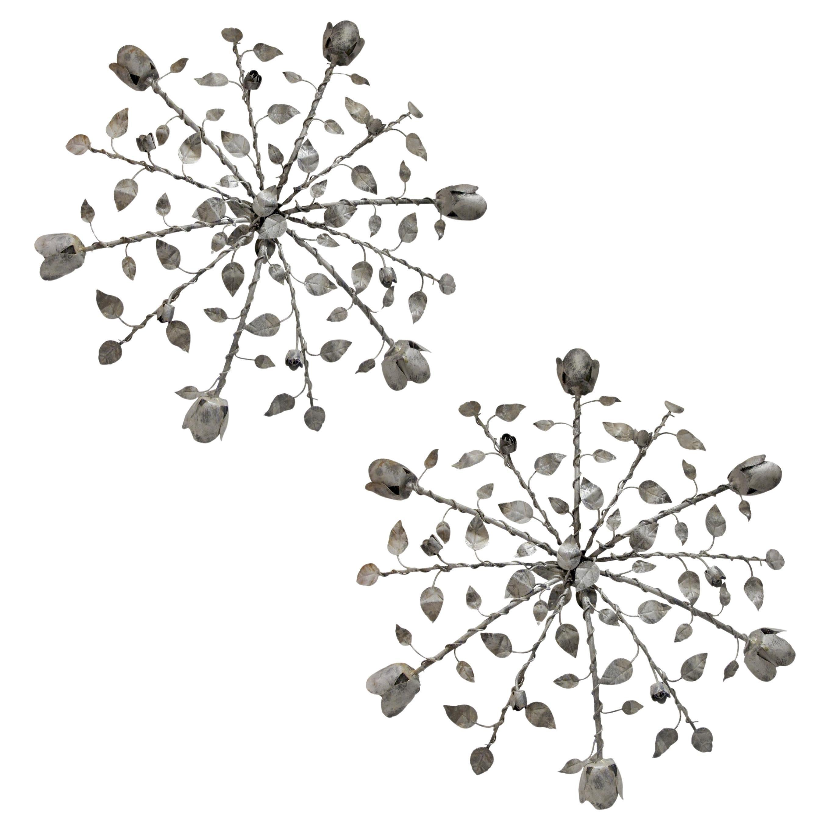 Pair of Large Silver-Painted Iron Floral Plafonniers / Wall Lights, Spanish 1950