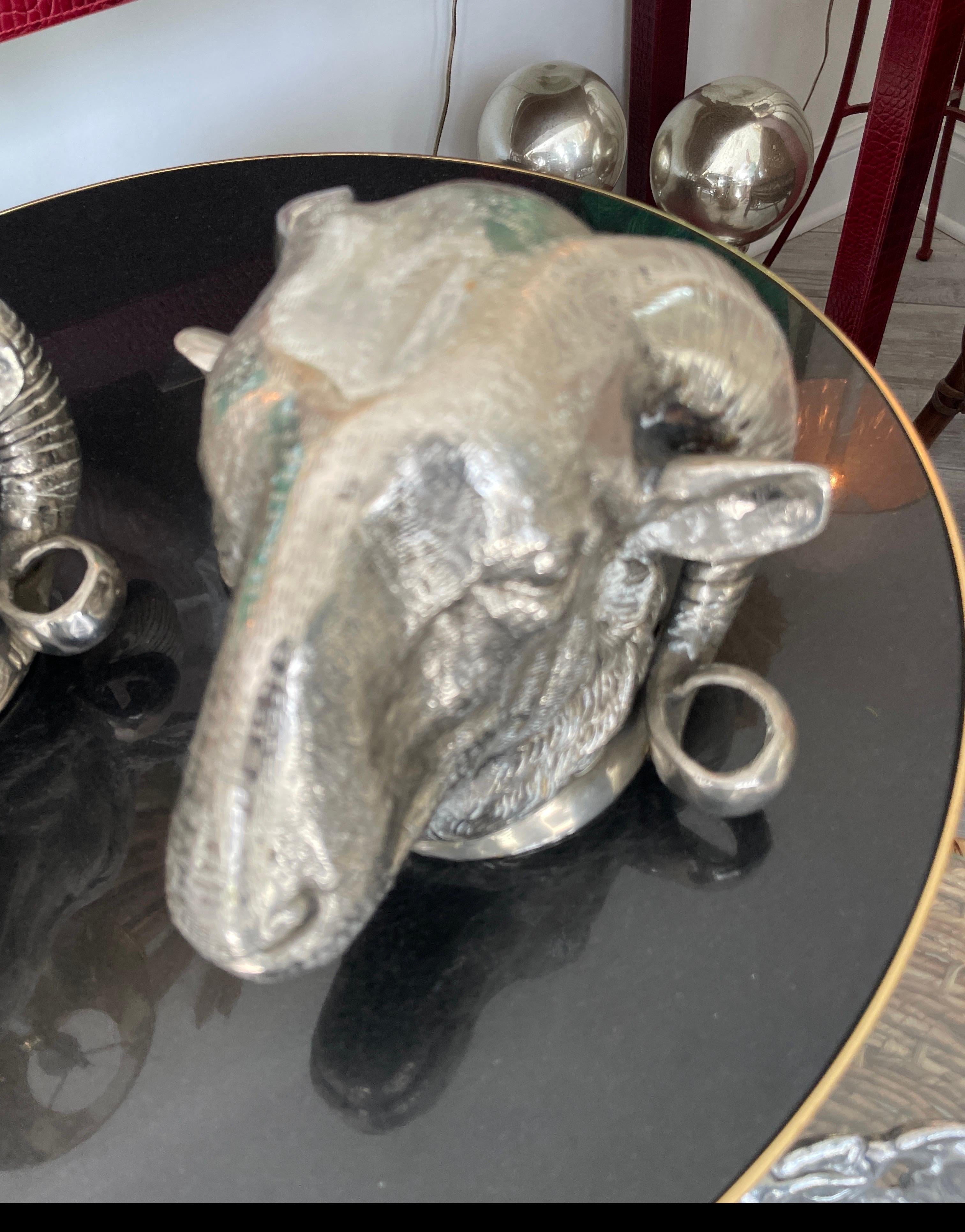 Neoclassical Pair of Large Silver Plate Ram's Heads For Sale