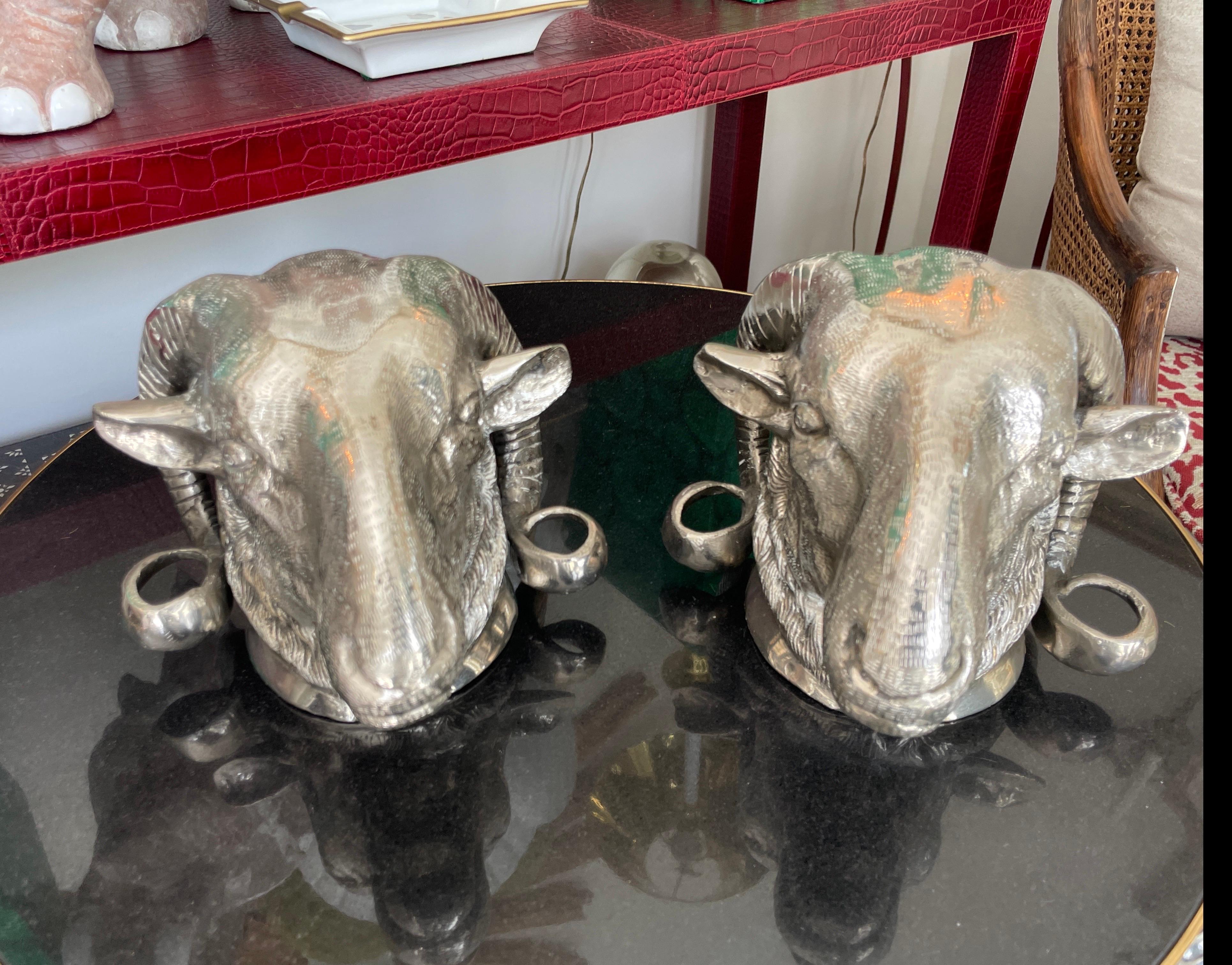Pair of Large Silver Plate Ram's Heads In Good Condition For Sale In West Palm Beach, FL