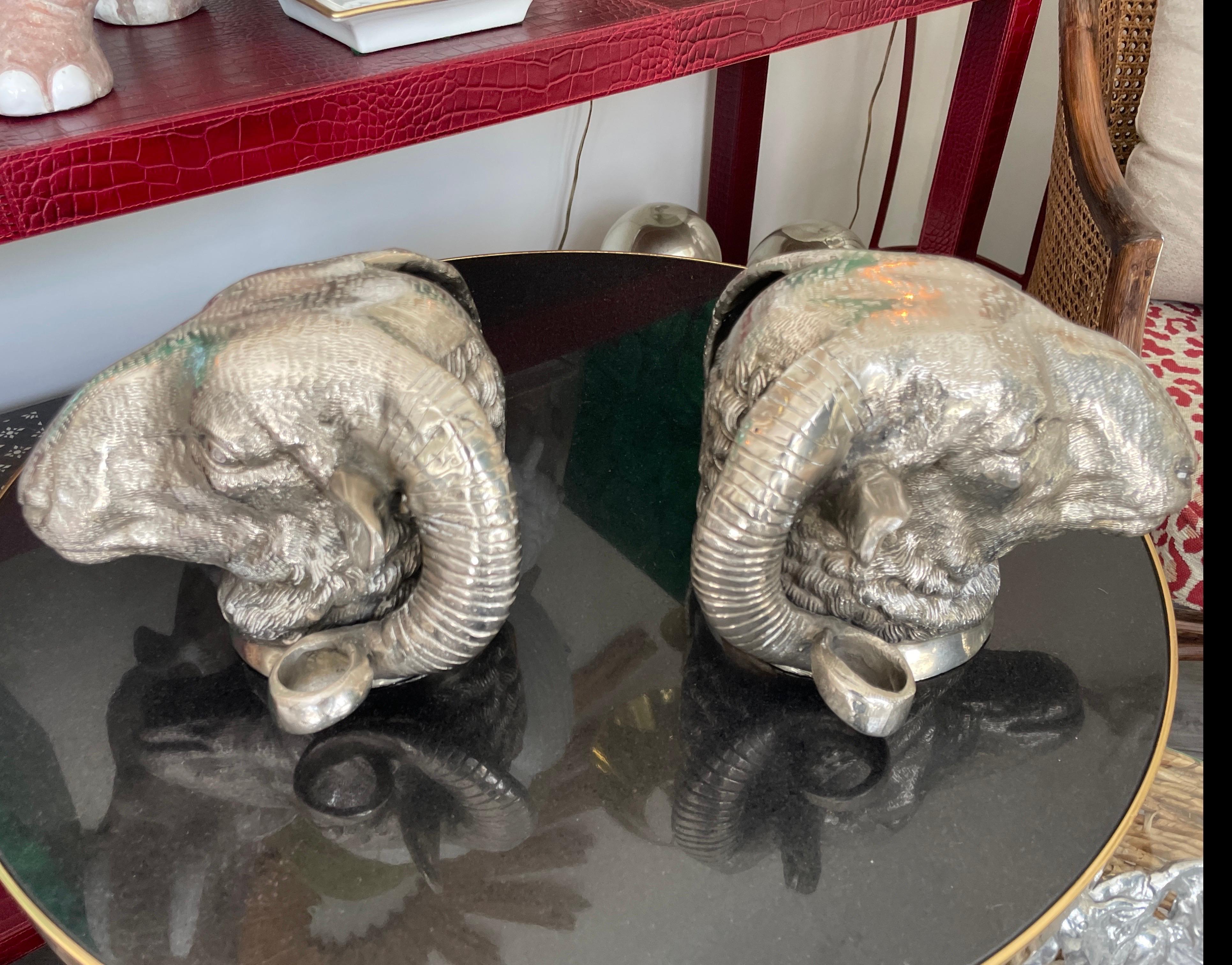 20th Century Pair of Large Silver Plate Ram's Heads For Sale