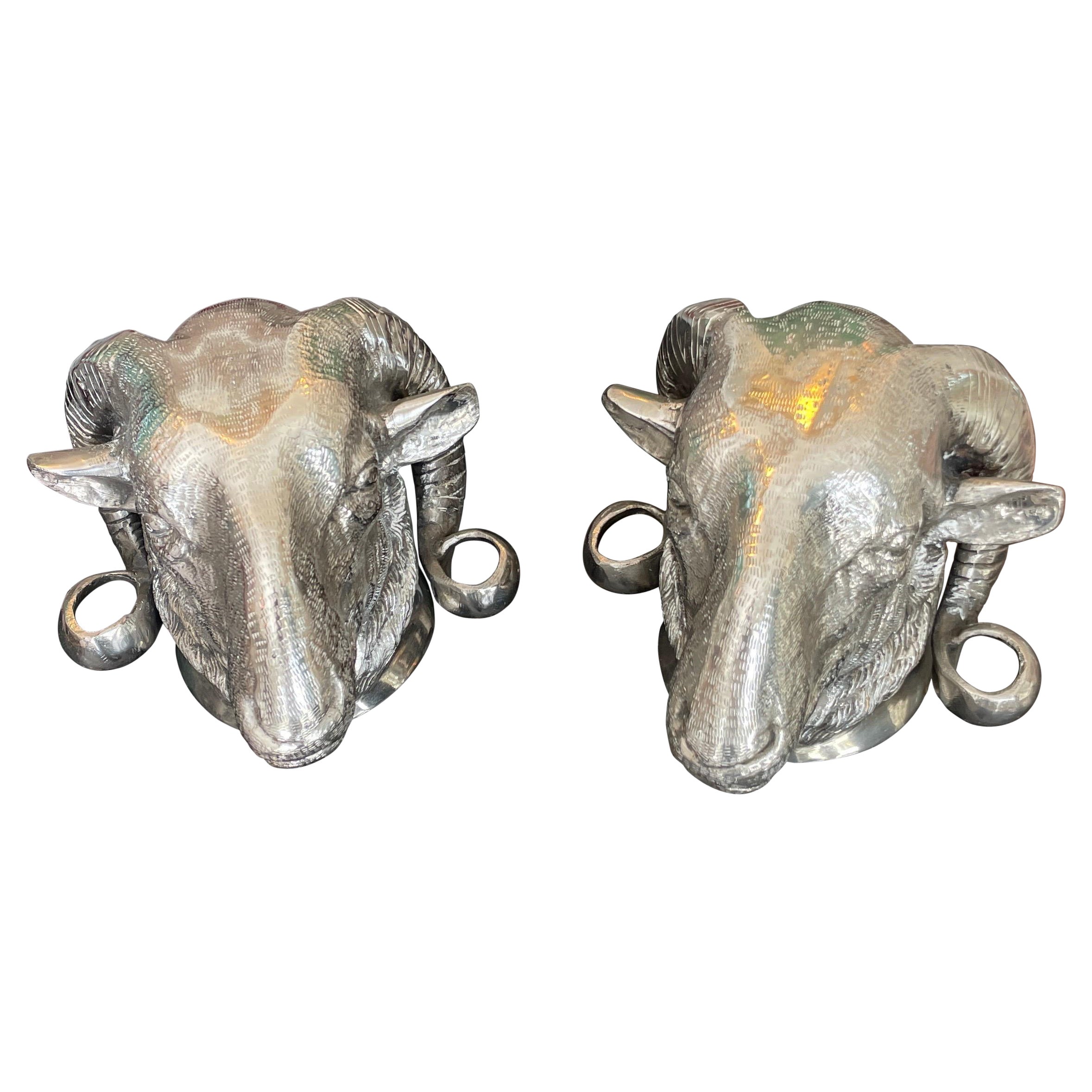 Pair of Large Silver Plate Ram's Heads For Sale