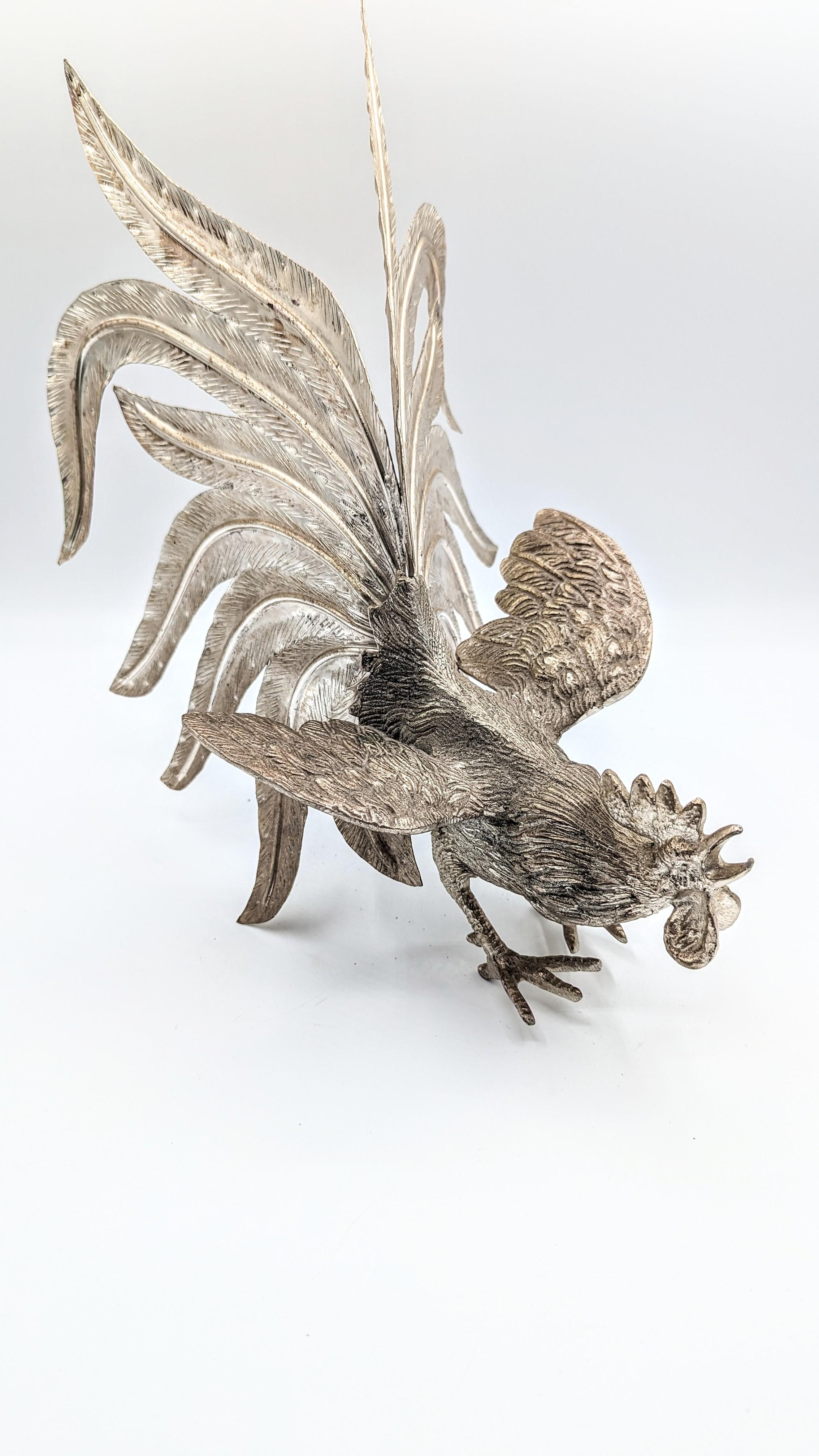 French Pair of Large Silver Plate Roosters, France 1960s For Sale