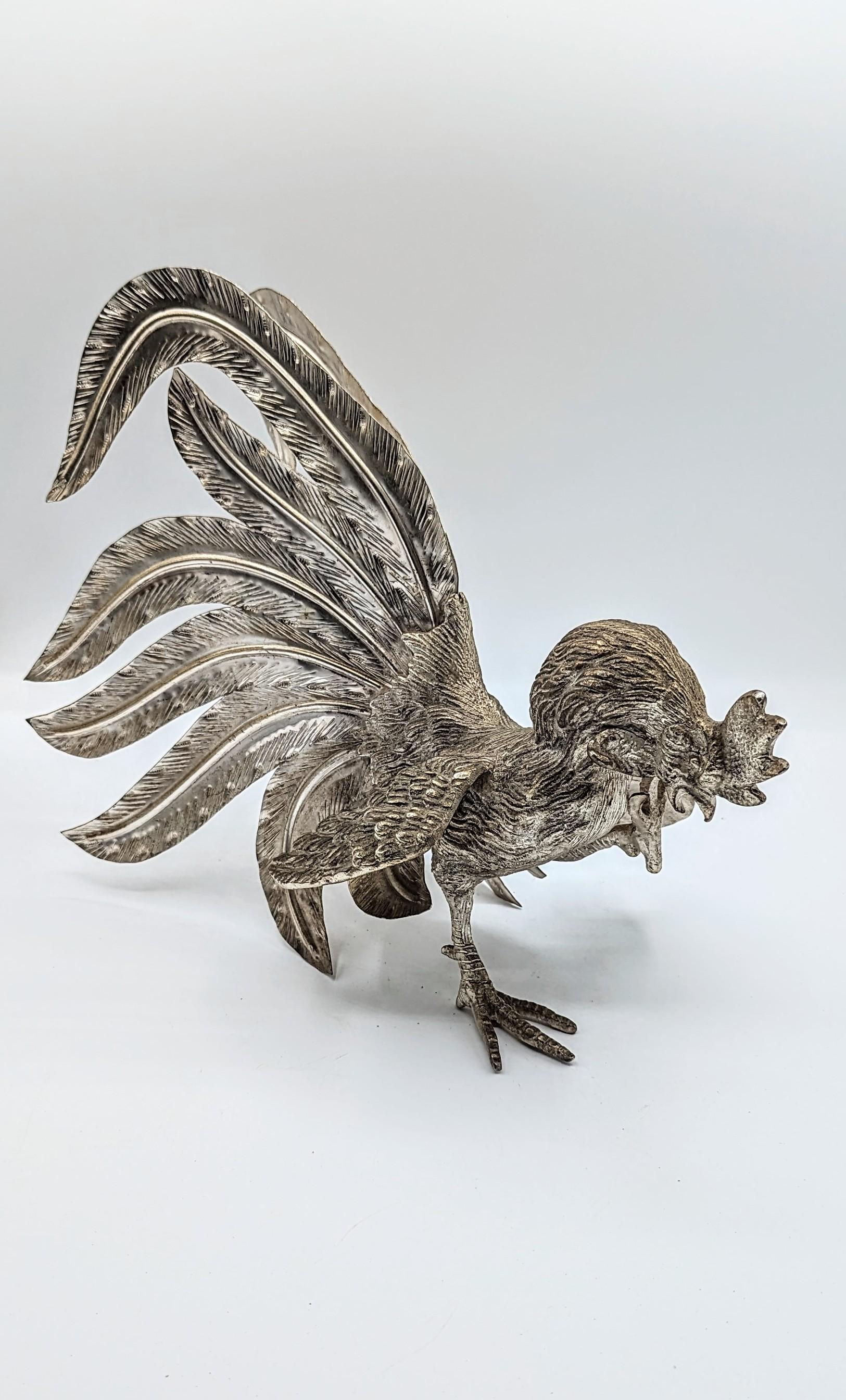 20th Century Pair of Large Silver Plate Roosters, France 1960s For Sale
