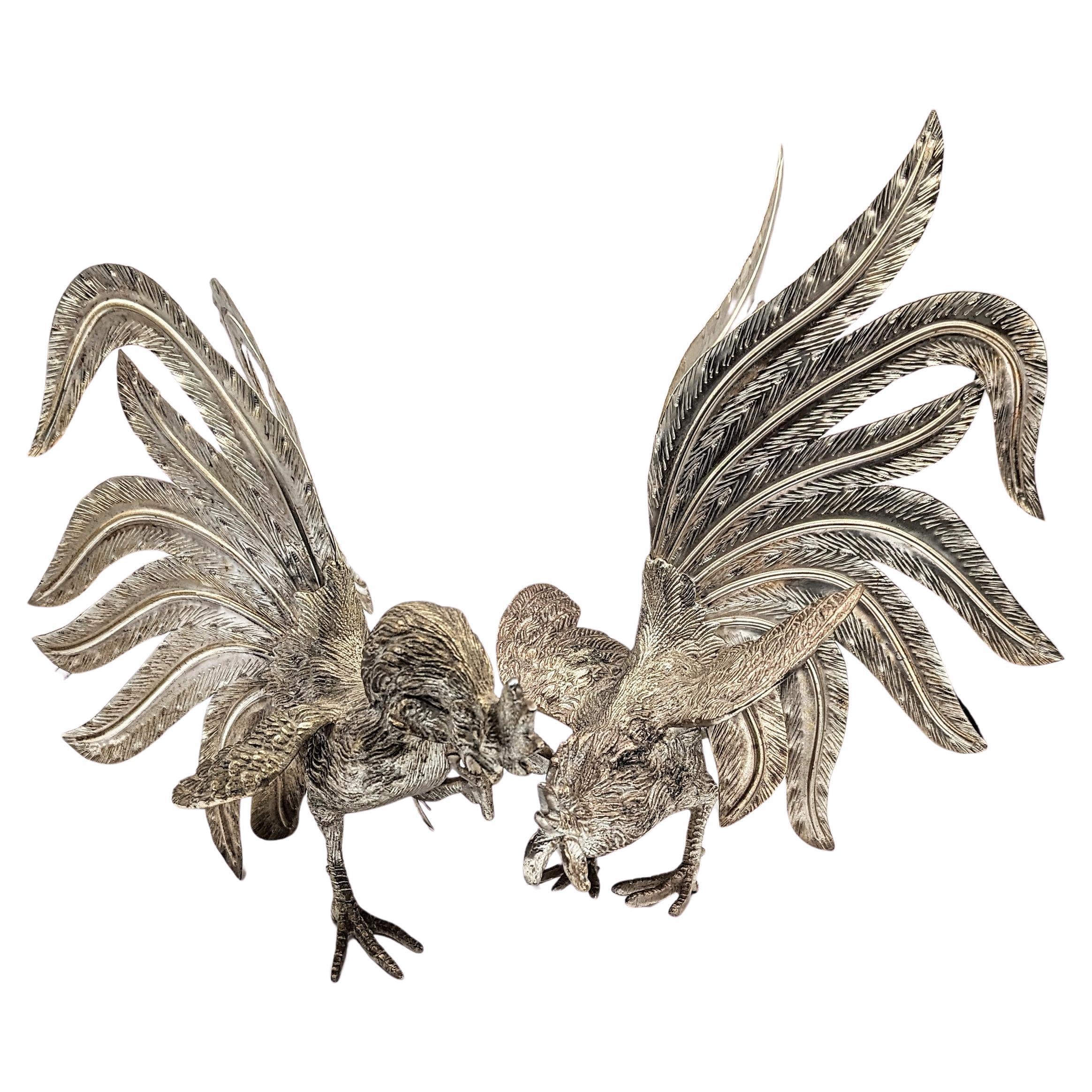 Pair of Large Silver Plate Roosters, France 1960s