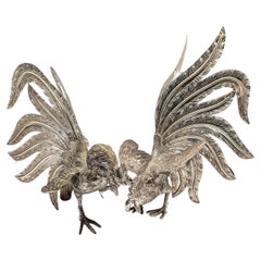 Retro Pair of Large Silver Plate Roosters, France 1960s
