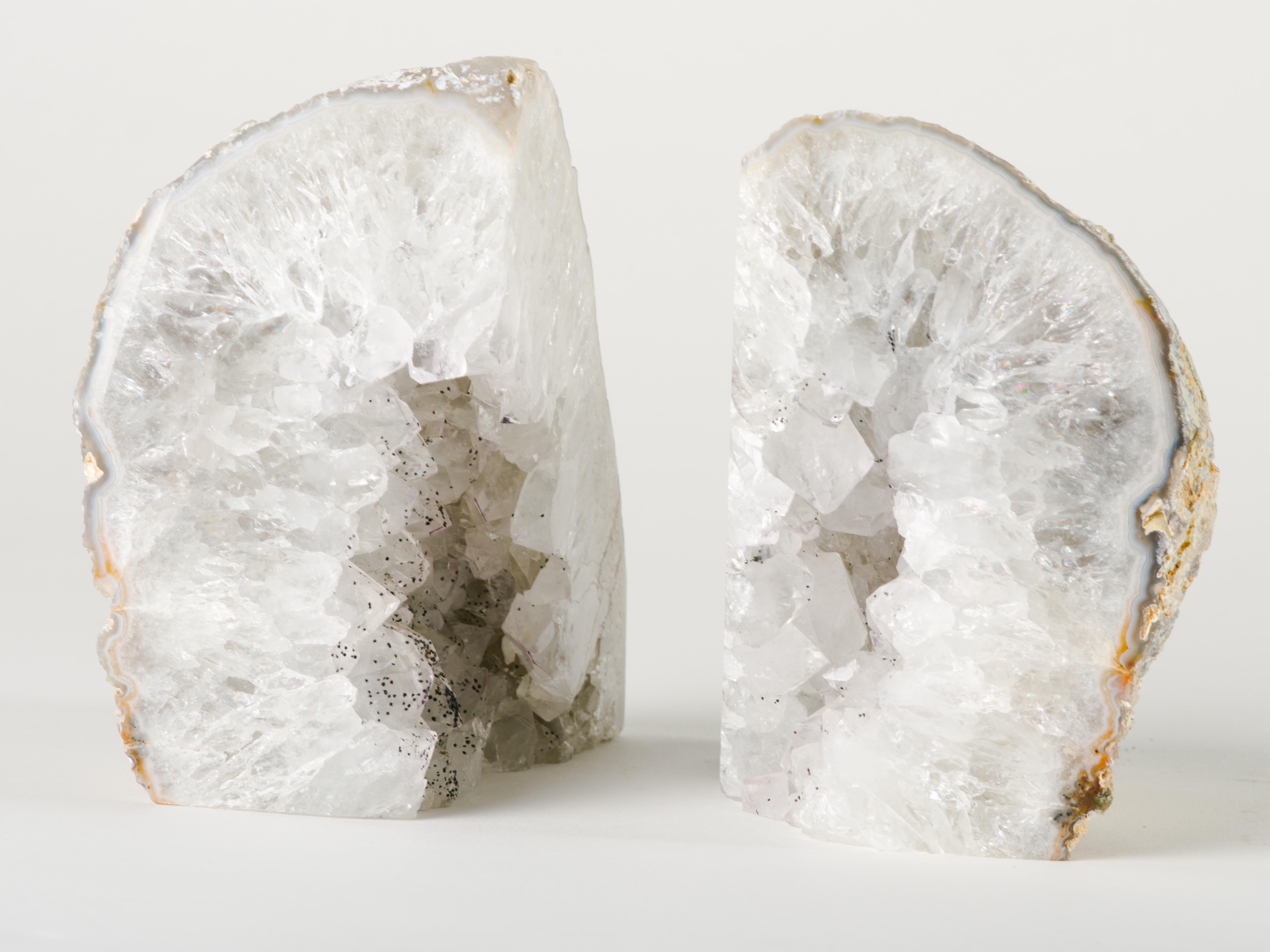 Organic Modern Pair of Large Silver Quartz Crystal Geode Bookends