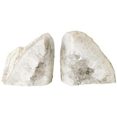 Pair of Large Silver Quartz Crystal Geode Bookends
