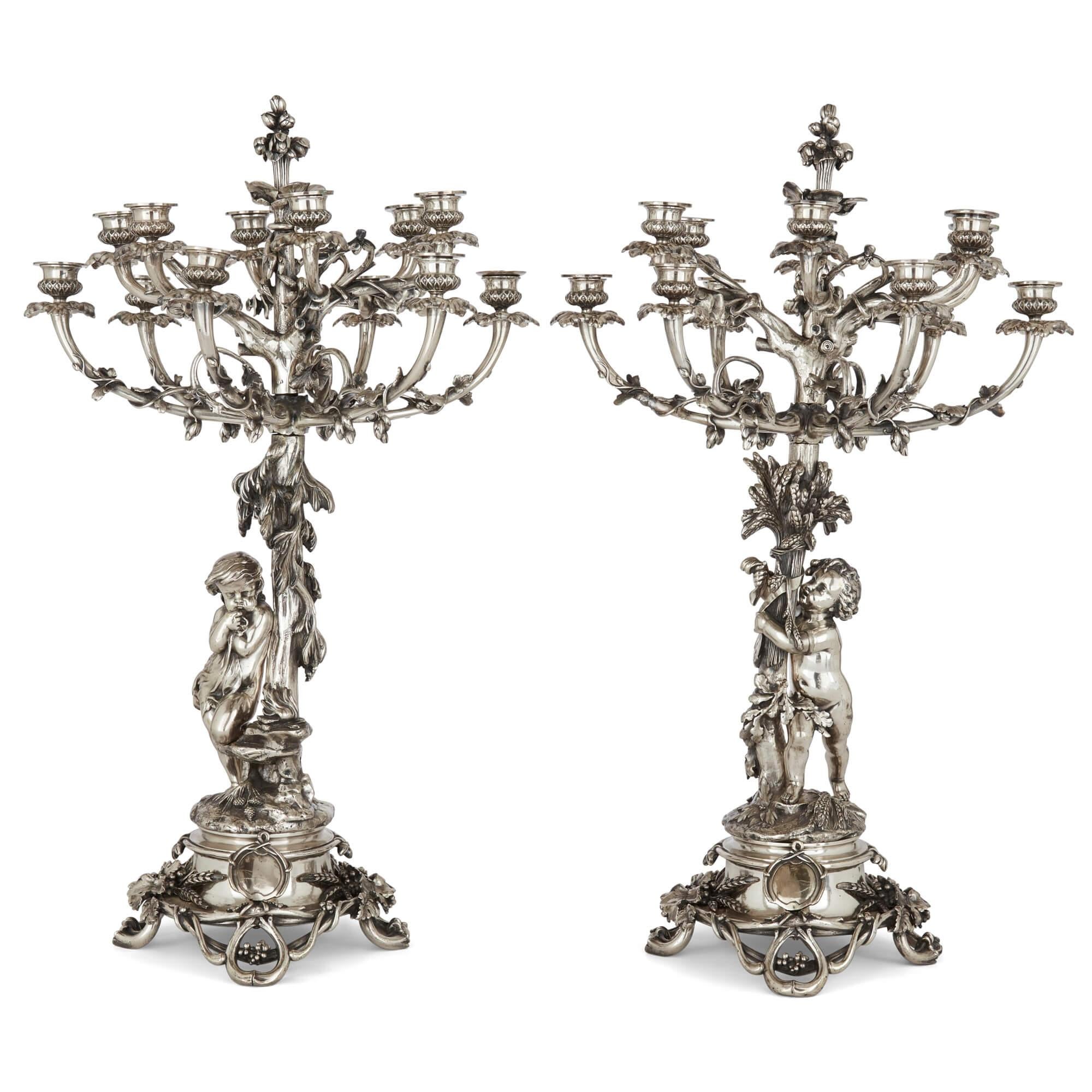 Pair of large silvered bronze candelabra by Christofle, 19th century
French, c. 1890
Height 71cm, diameter 42cm

This extraordinary decorative pair were made by the renowned Parisian firm Christofle, who are notable for introducing silver plating