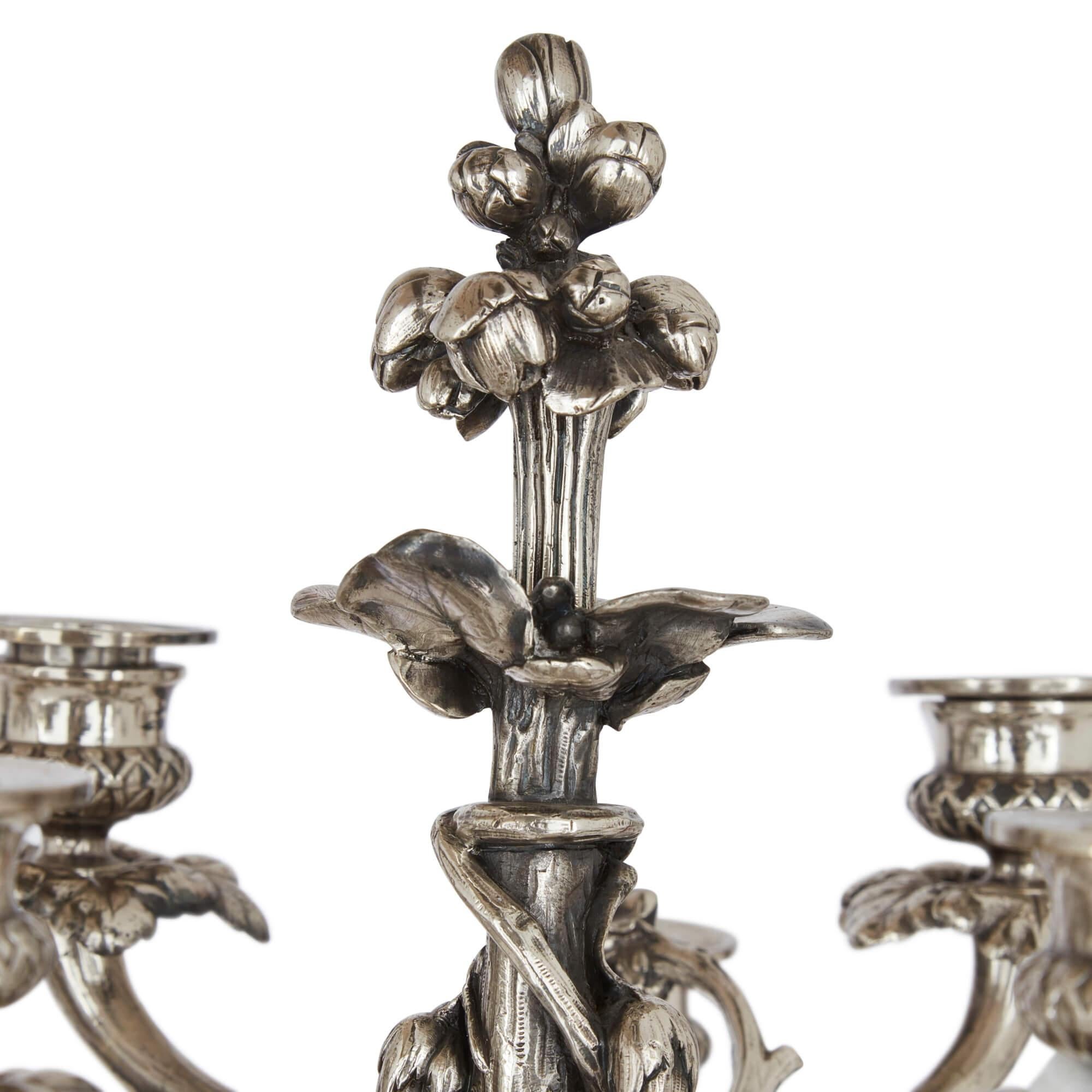 Silver Plate Pair of Large Silvered Bronze Candelabra by Christofle, 19th Century For Sale