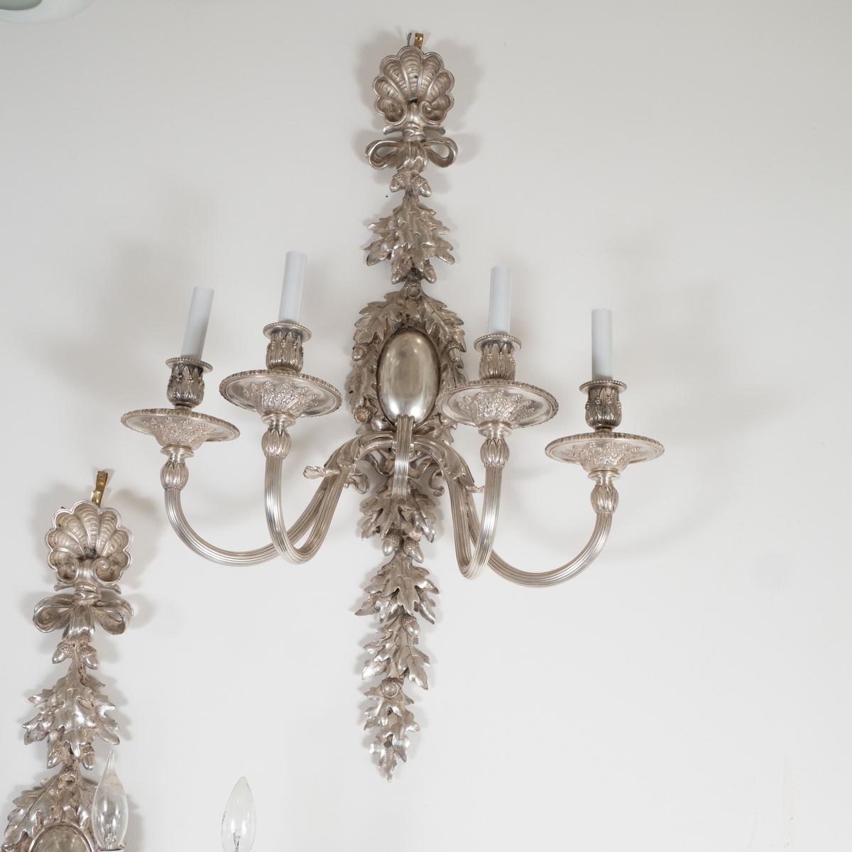 Hollywood Regency Pair of Large Silvered Bronze Candelabra Style Sconces For Sale