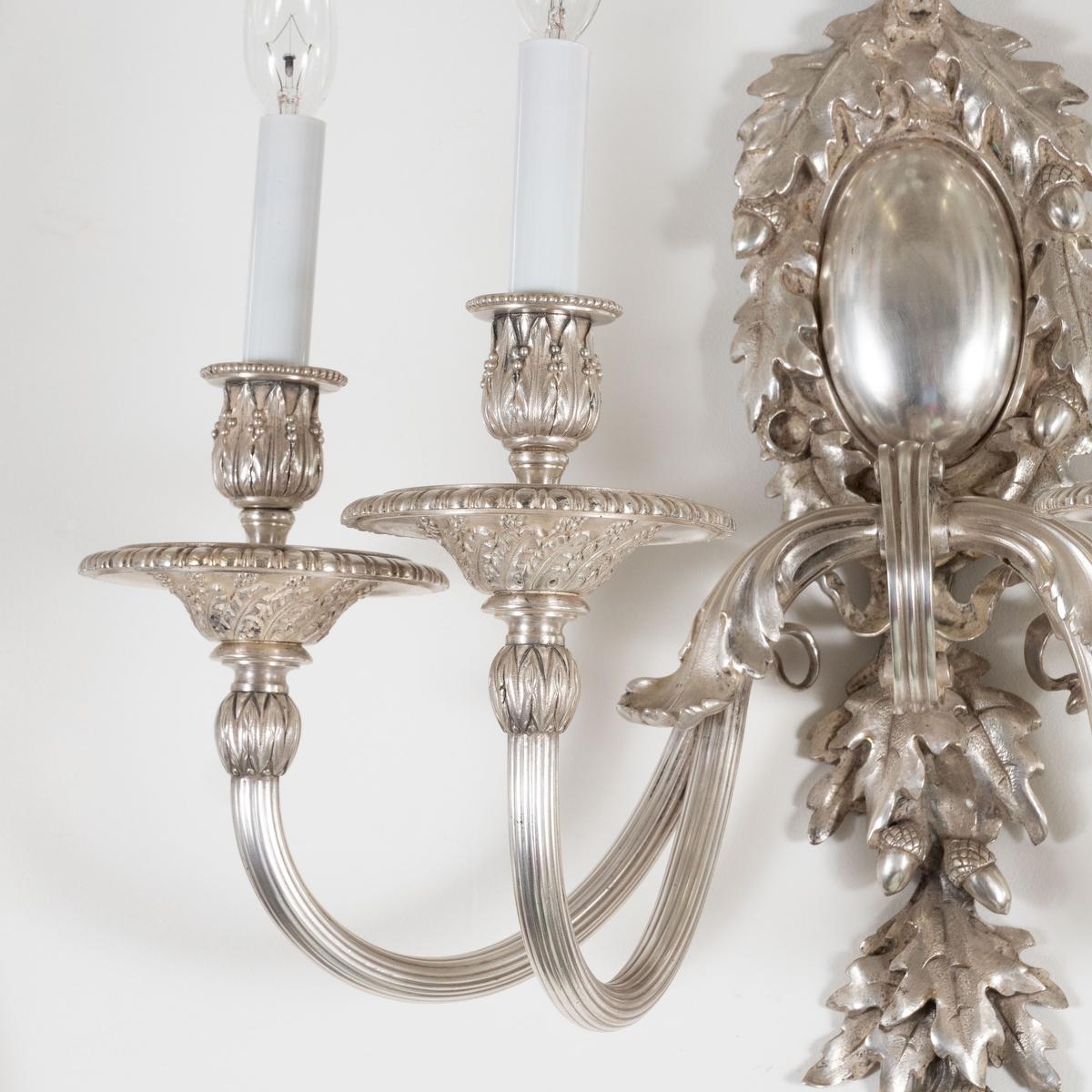 Mid-20th Century Pair of Large Silvered Bronze Candelabra Style Sconces For Sale