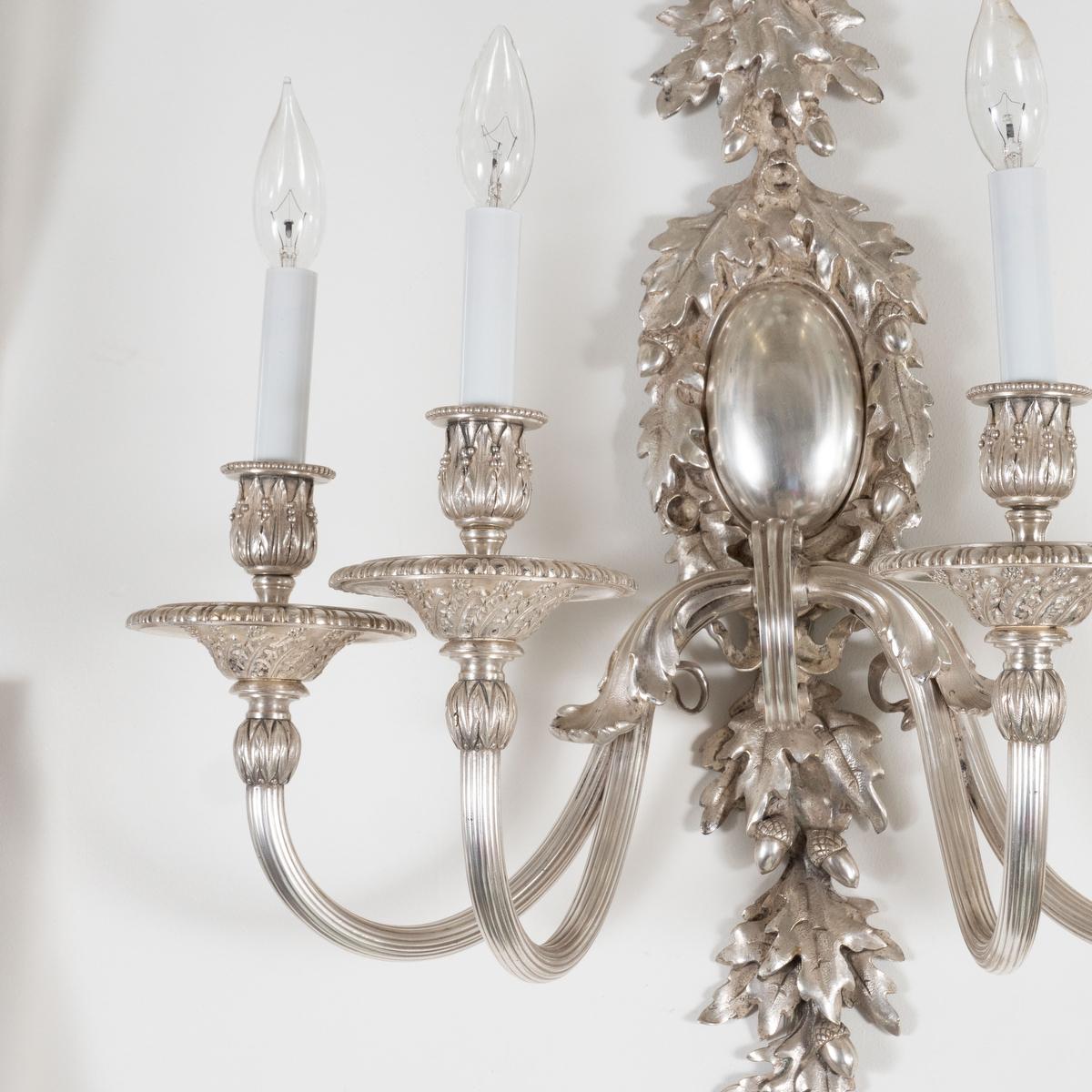 Pair of Large Silvered Bronze Candelabra Style Sconces For Sale 1