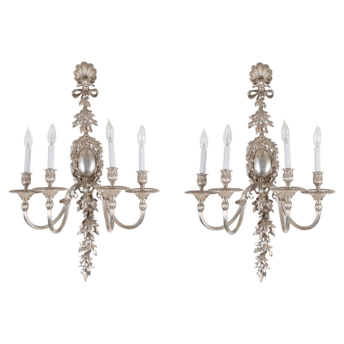 Pair of Large Silvered Bronze Candelabra Style Sconces For Sale
