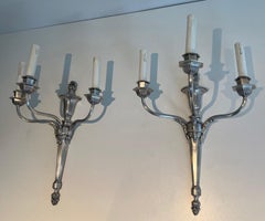 Pair of Large Silvered Metal Wall LIghts with 3 Arms
