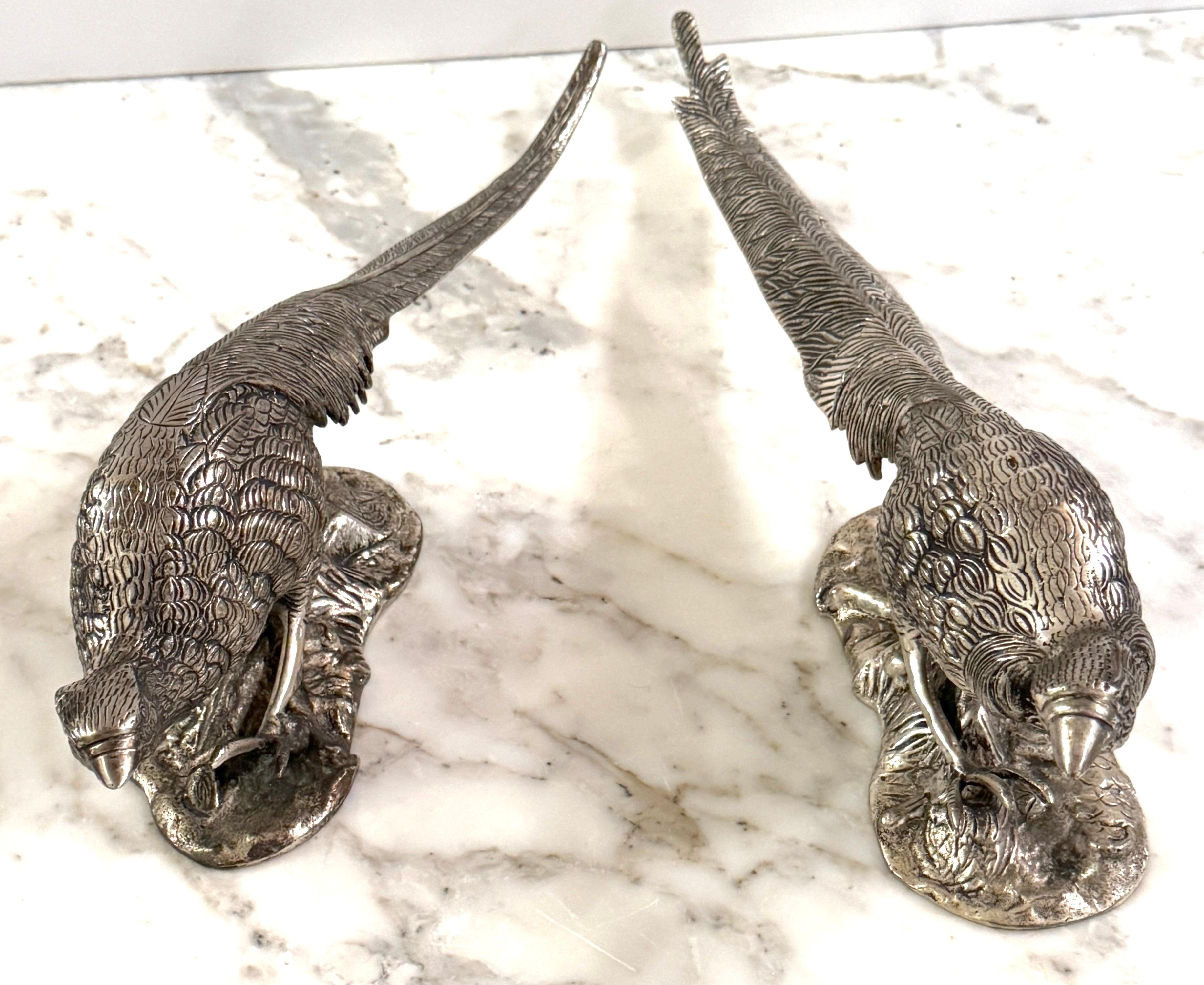 Sporting Art Pair of Large Silverplated Bronze Pheasant Table Ornament/ Sculptures For Sale
