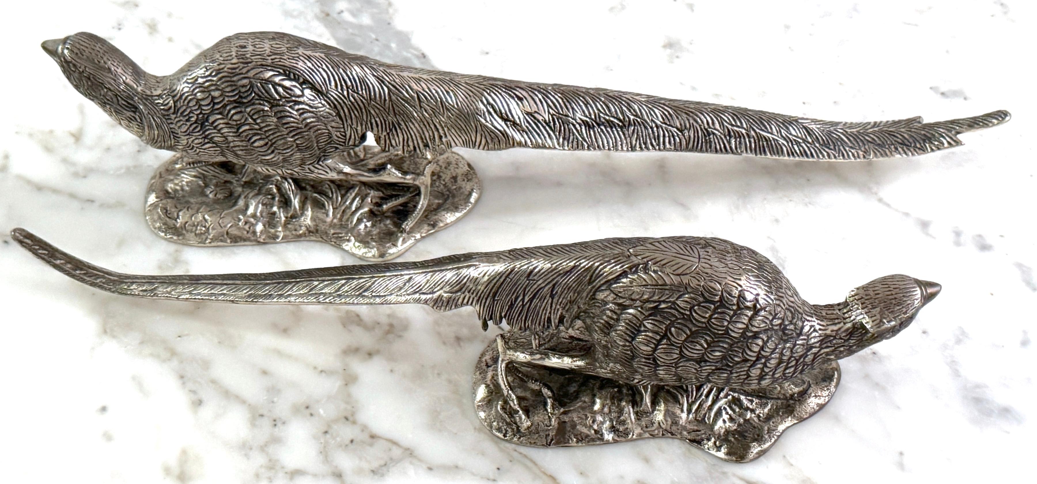 European Pair of Large Silverplated Bronze Pheasant Table Ornament/ Sculptures For Sale