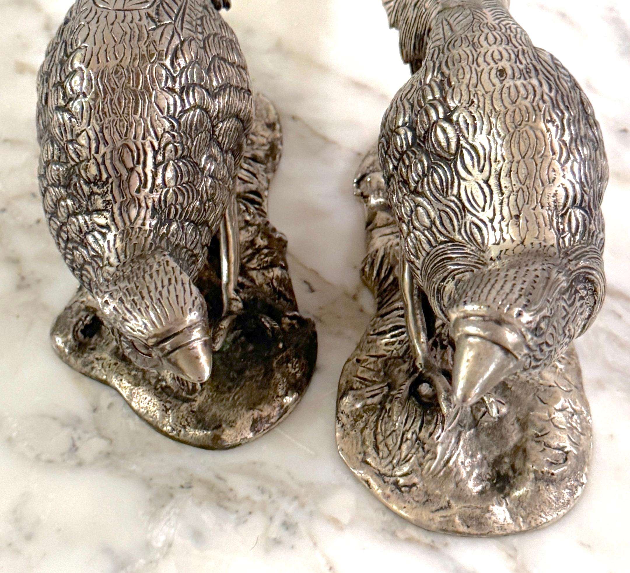 Cast Pair of Large Silverplated Bronze Pheasant Table Ornament/ Sculptures For Sale