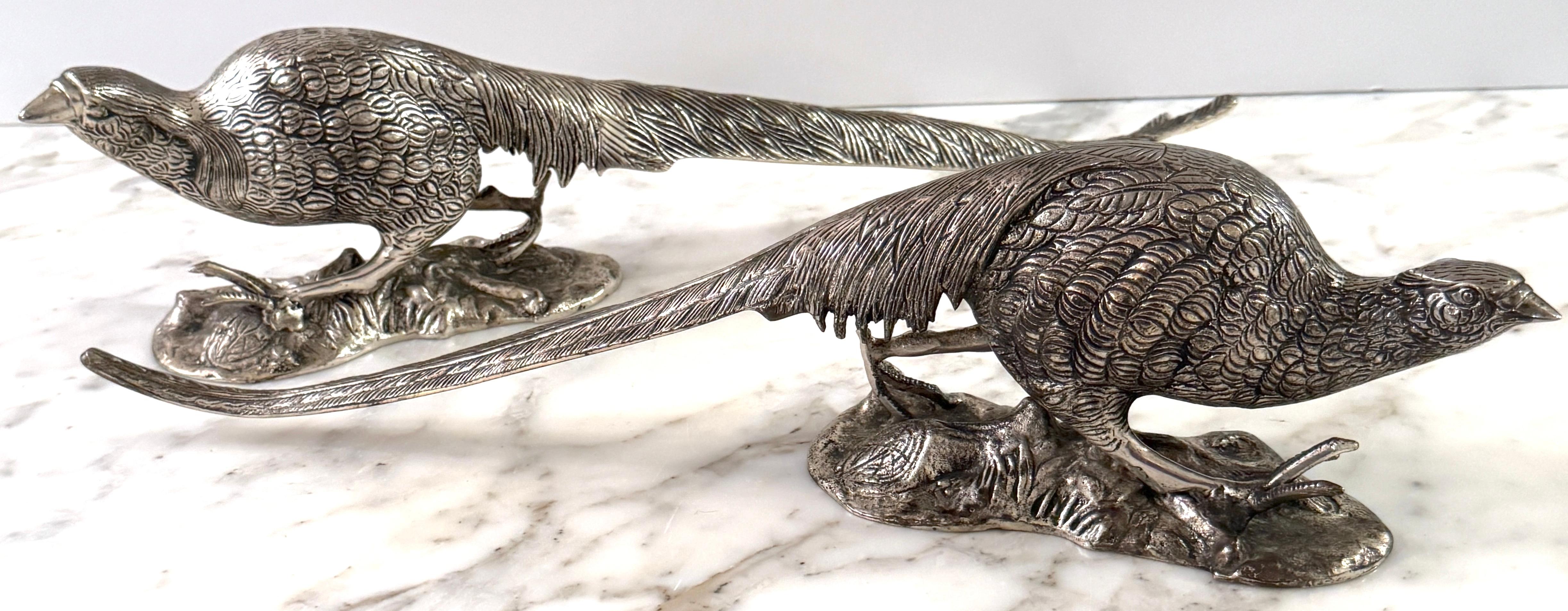 Pair of Large Silverplated Bronze Pheasant Table Ornament/ Sculptures In Good Condition For Sale In West Palm Beach, FL