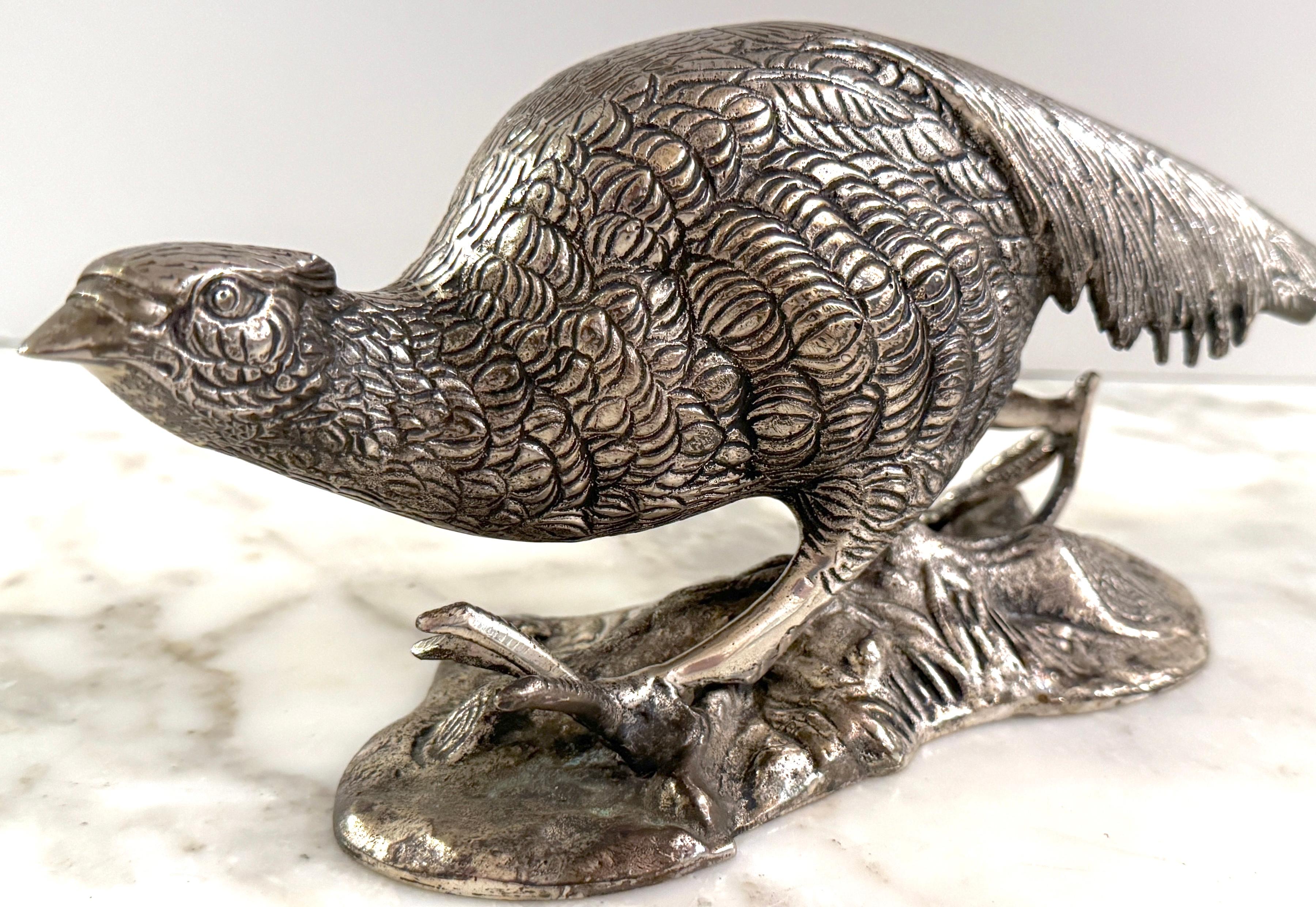 20th Century Pair of Large Silverplated Bronze Pheasant Table Ornament/ Sculptures For Sale