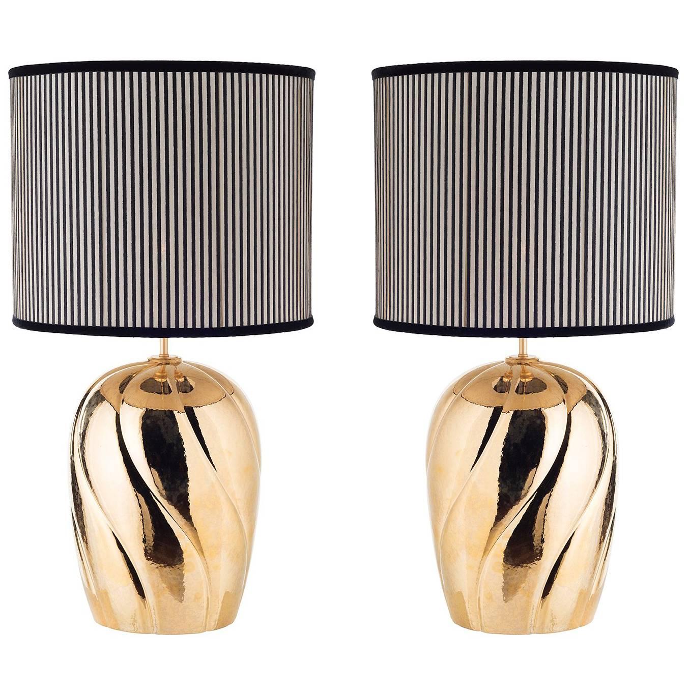 Pair of Large Sinuous-Ribbed Ceramic Table Lamps For Sale