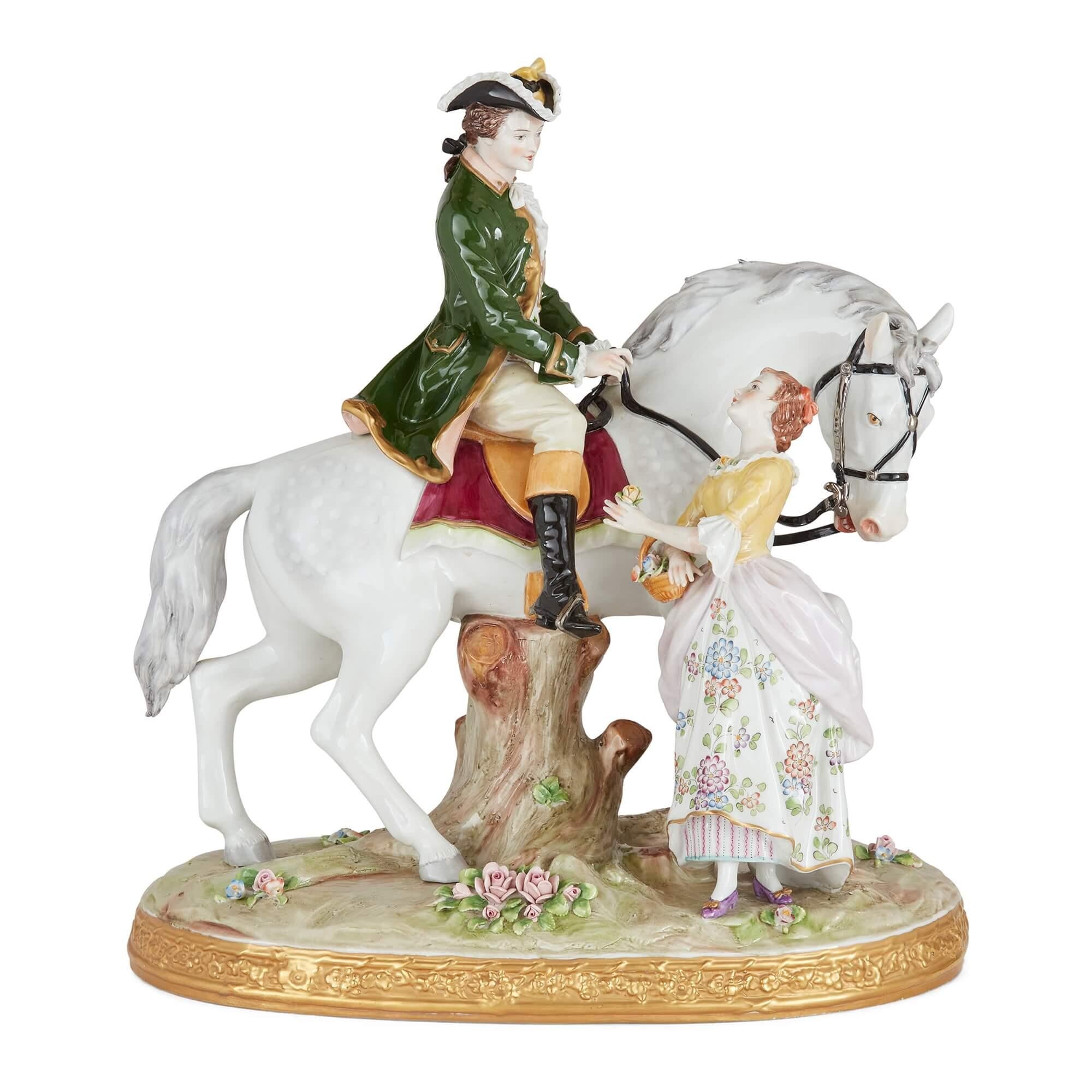 Pair of large Sitzendorf porcelain figural groups on horseback
German, 20th Century 
Height 38cm, width 35cm, depth 22cm

This pair of porcelain figural groups are notable for their fine quality and charming subject. Both sculptures depict a