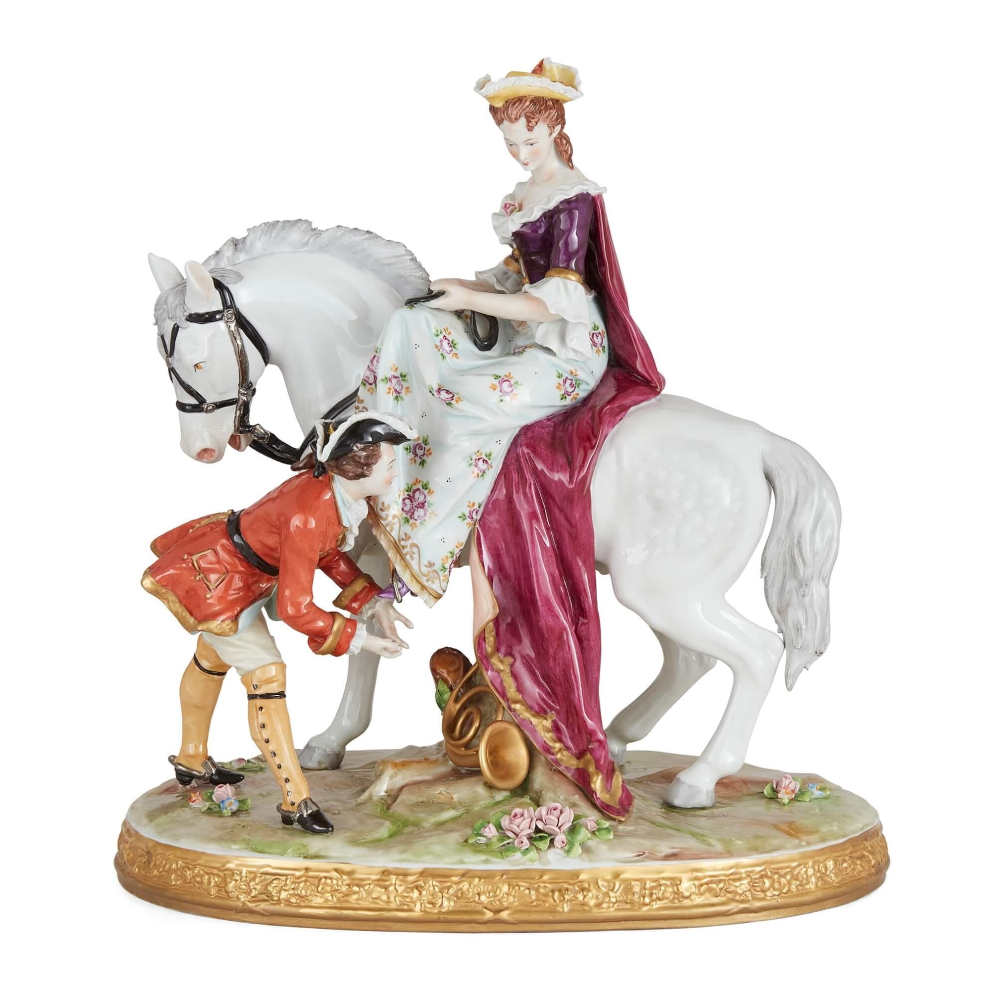 German Pair of Large Sitzendorf Porcelain Figural Groups on Horseback For Sale