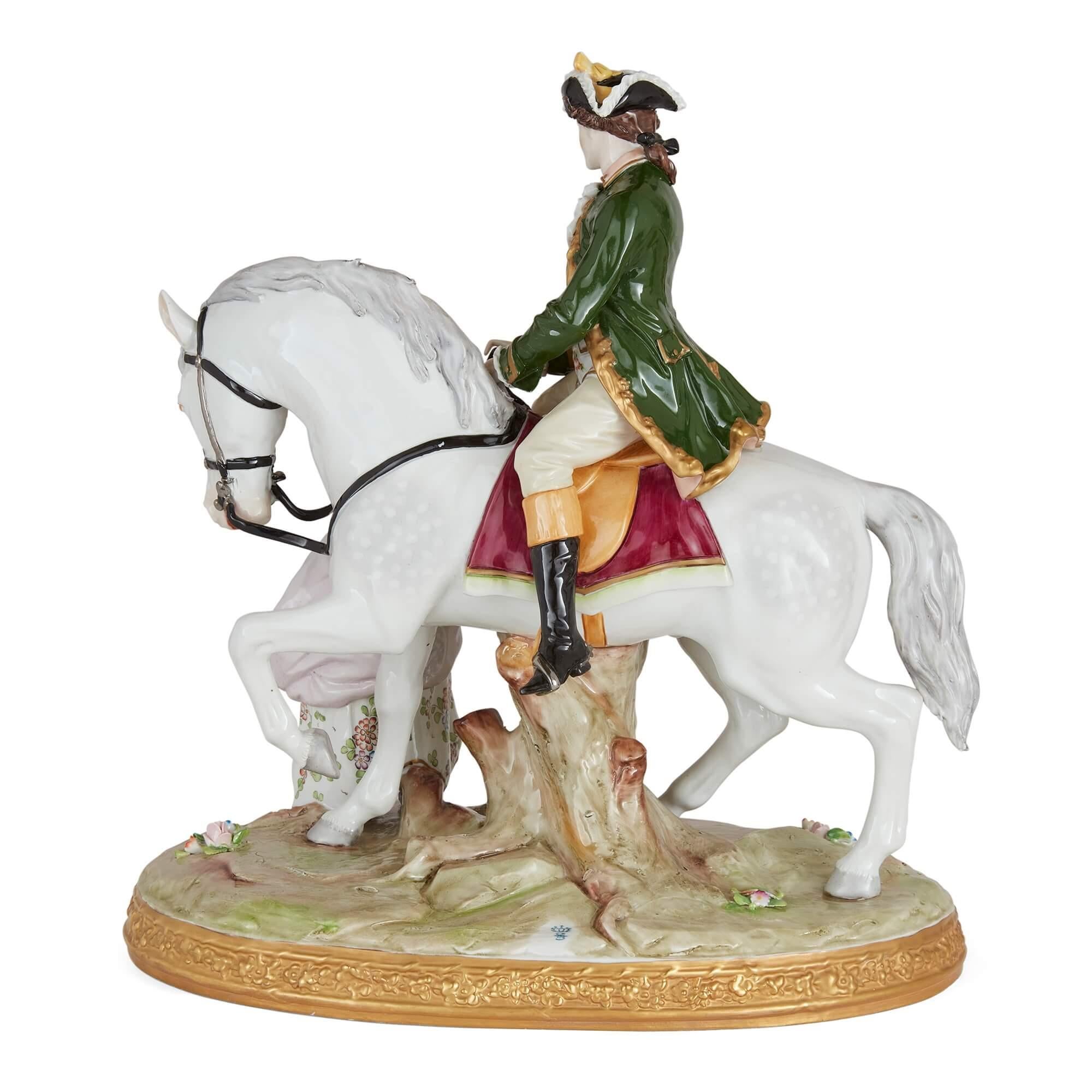 Gilt Pair of Large Sitzendorf Porcelain Figural Groups on Horseback For Sale