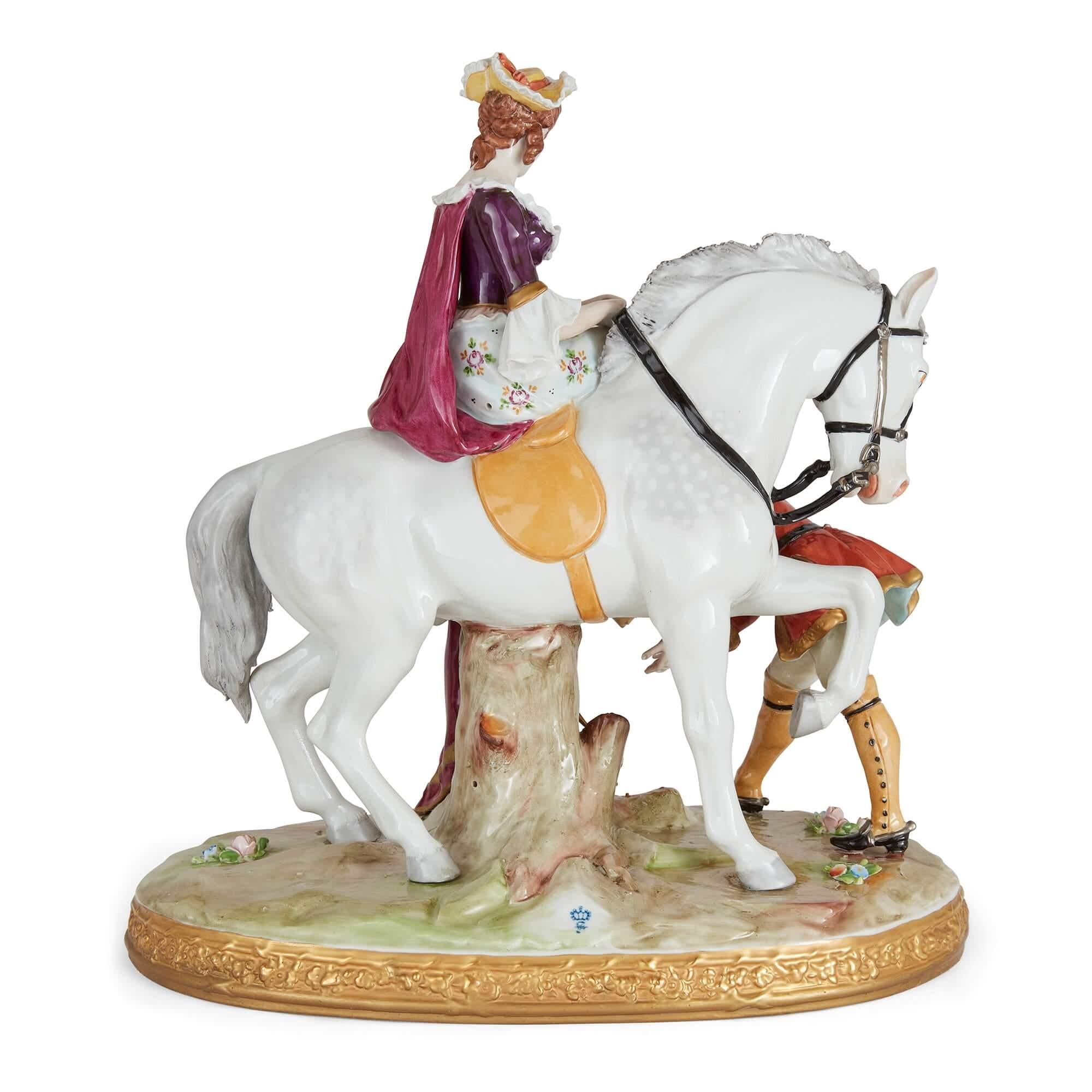 Pair of Large Sitzendorf Porcelain Figural Groups on Horseback In Good Condition For Sale In London, GB