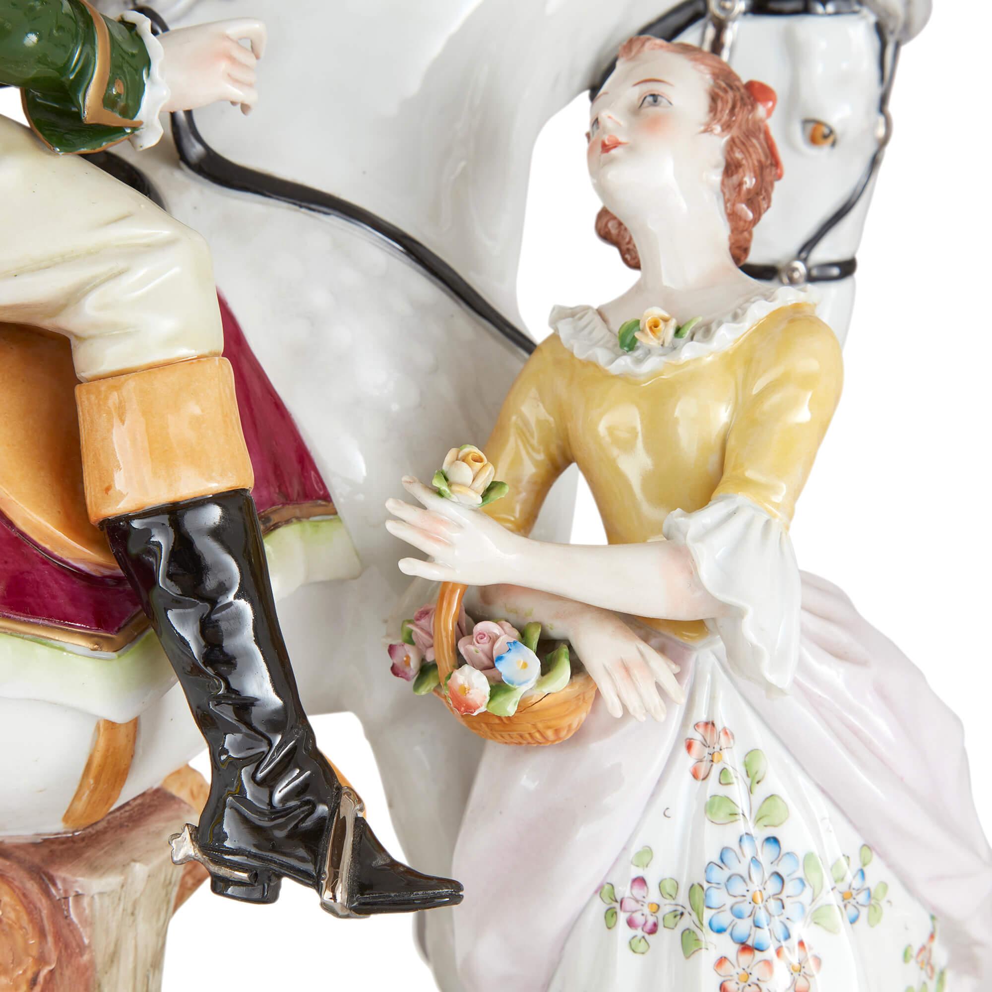 20th Century Pair of Large Sitzendorf Porcelain Figural Groups on Horseback For Sale