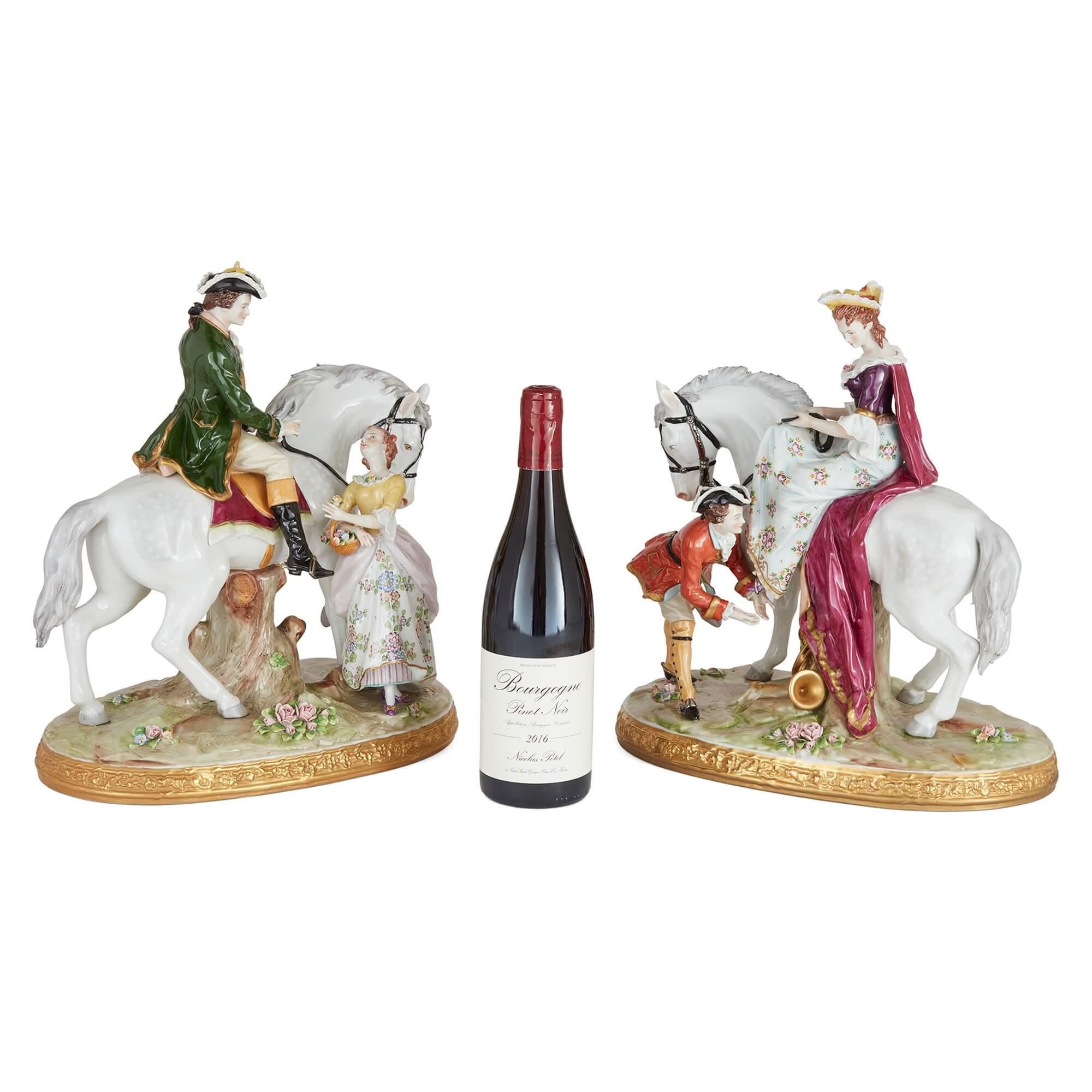 Pair of Large Sitzendorf Porcelain Figural Groups on Horseback For Sale 2