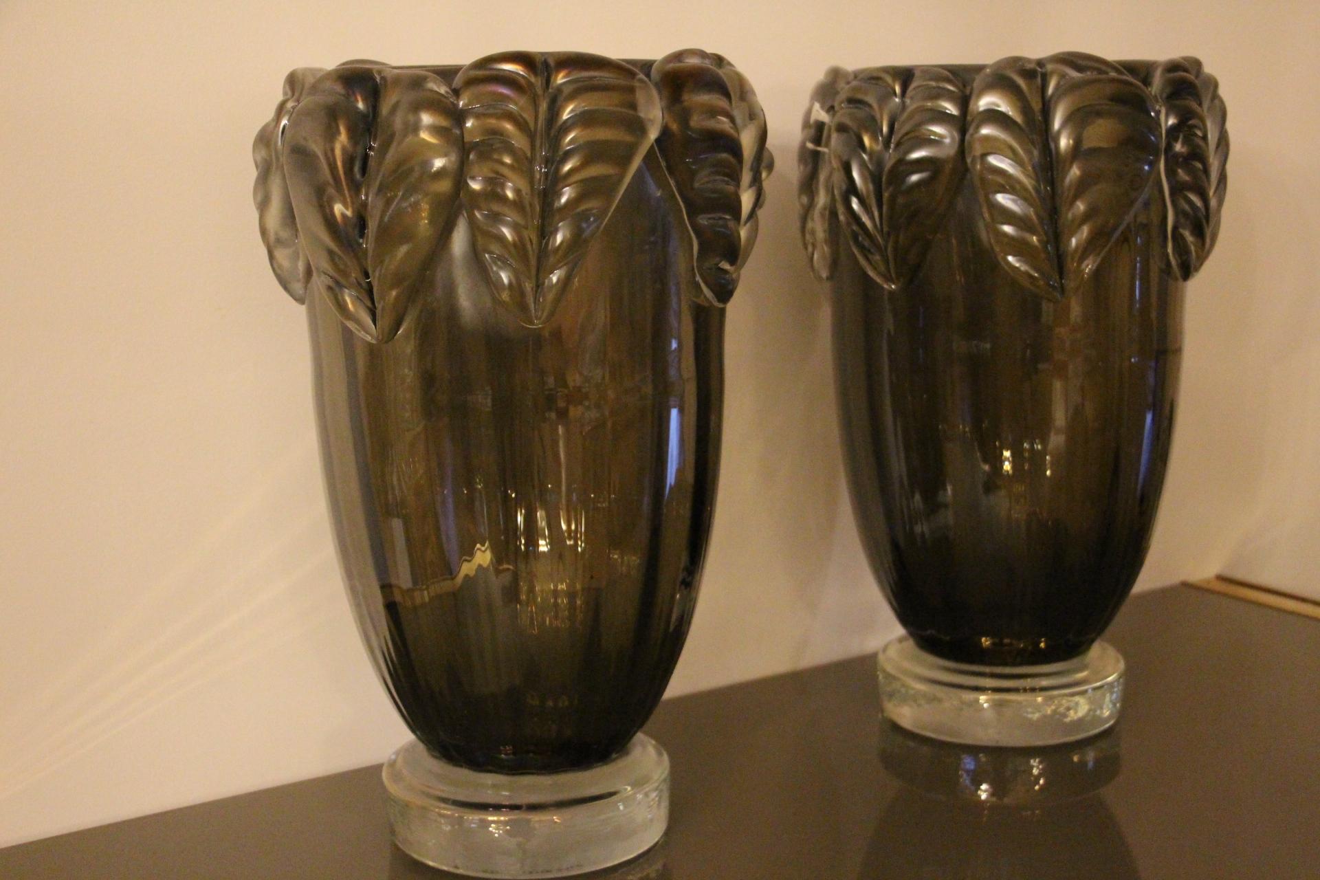Pair of Large Smoke Color and Iridescent Murano Glass Vases by Costantini For Sale 8
