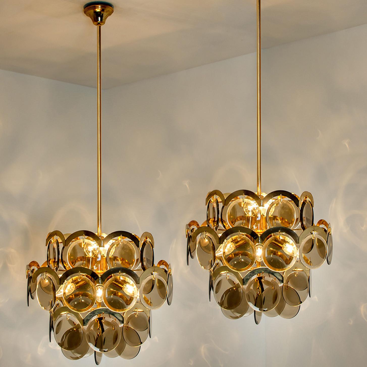 Pair of Large Smoked Glass and Brass Chandelier in the Style of Vistosi, Italy For Sale 1