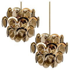 Pair of Large Smoked Glass and Brass Chandelier in the Style of Vistosi, Italy