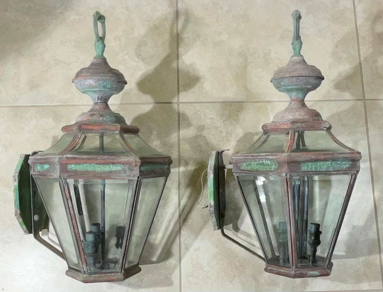 Pair of Large Solid Brass  Architectural Wall Lantern For Sale 4