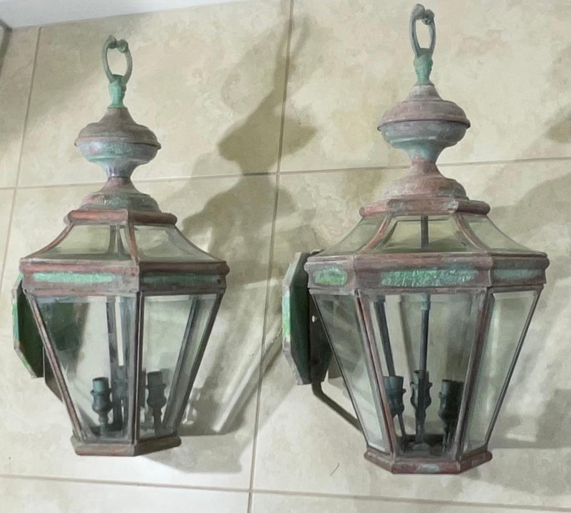 Pair of Large Solid Brass  Architectural Wall Lantern For Sale 5