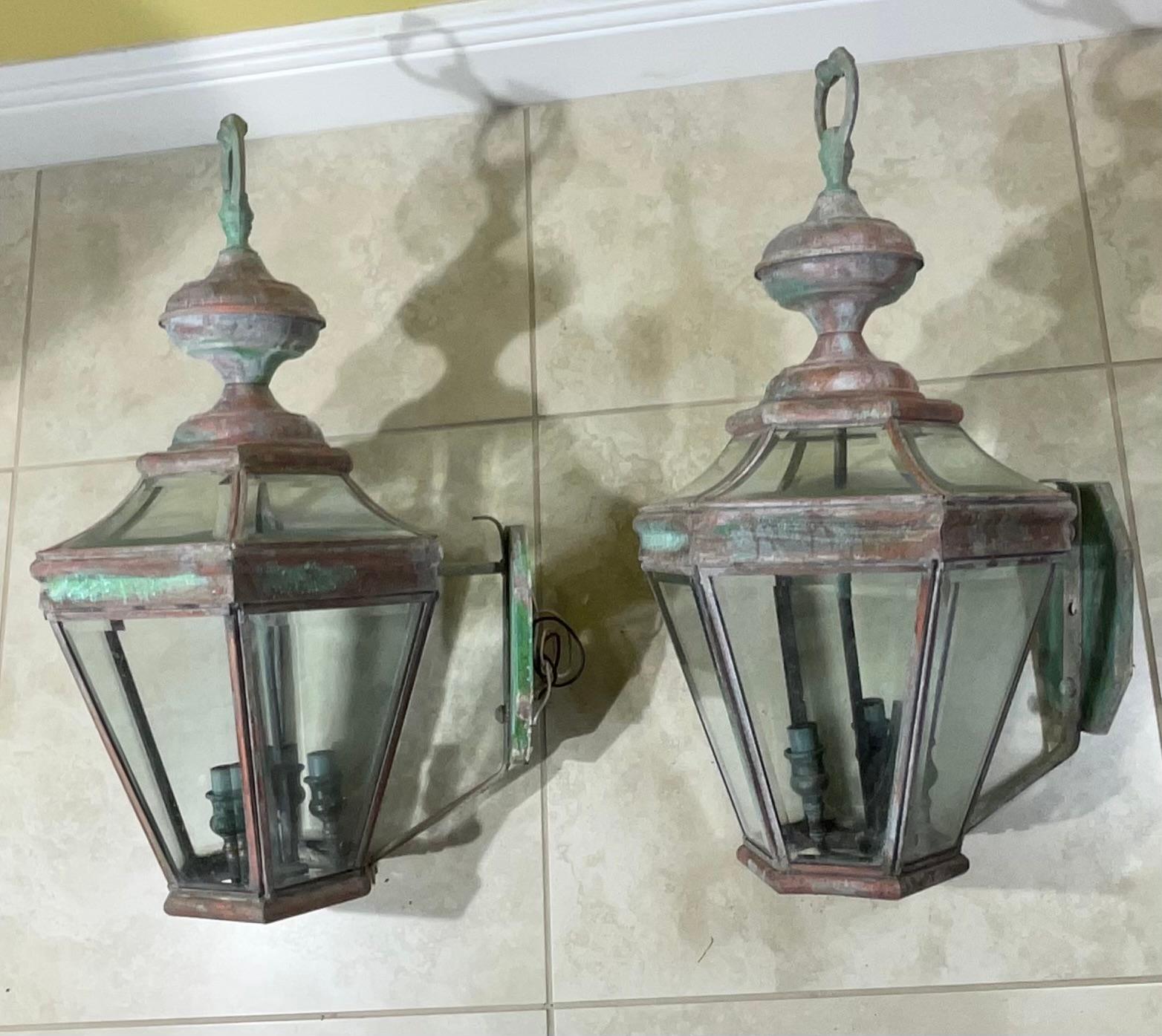 Pair of Large Solid Brass  Architectural Wall Lantern For Sale 6