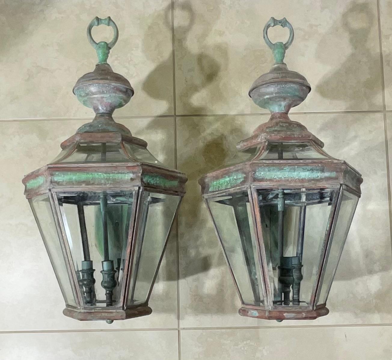 American Classical Pair of Large Solid Brass  Architectural Wall Lantern For Sale