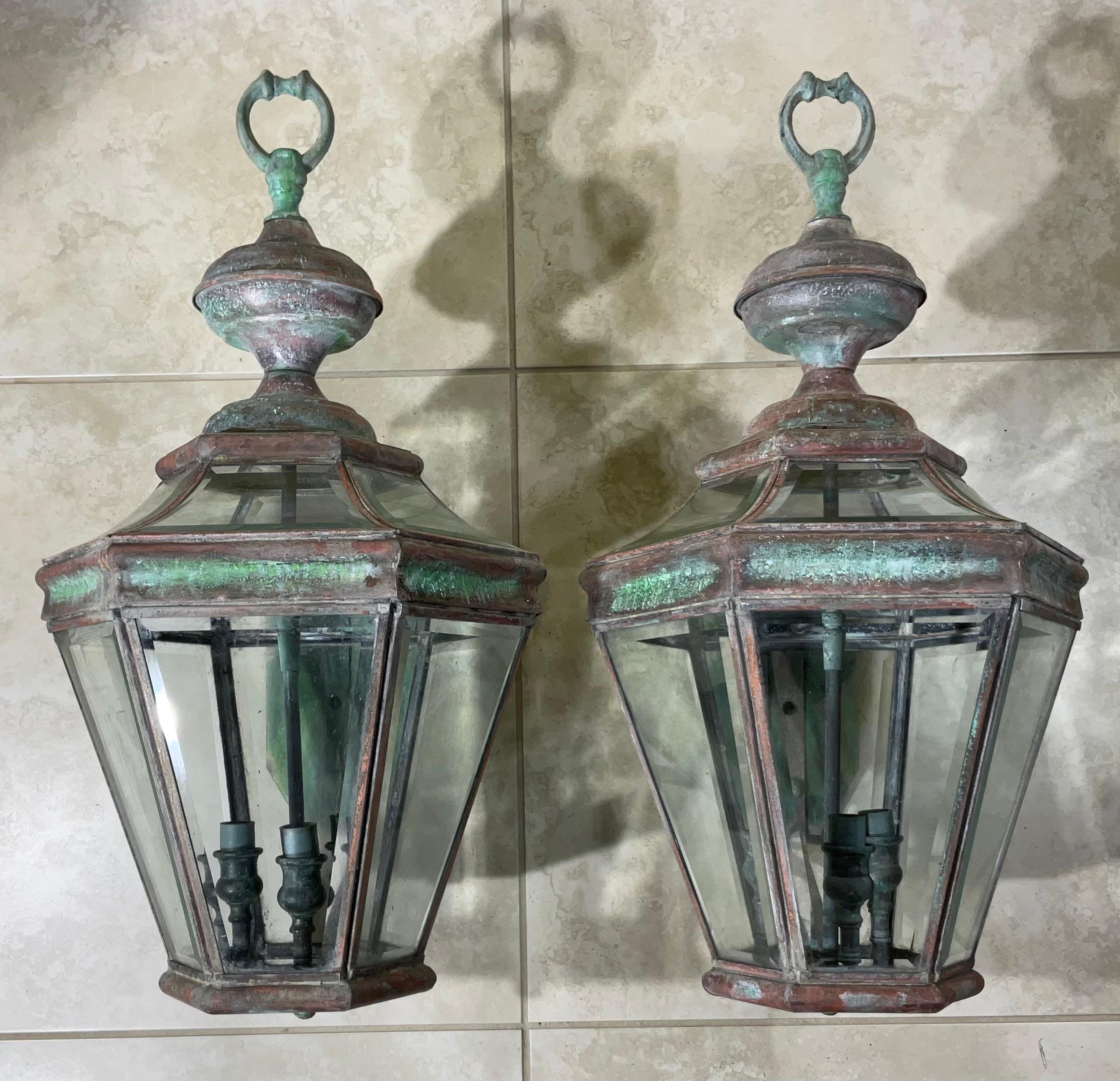 Hand-Crafted Pair of Large Solid Brass  Architectural Wall Lantern For Sale