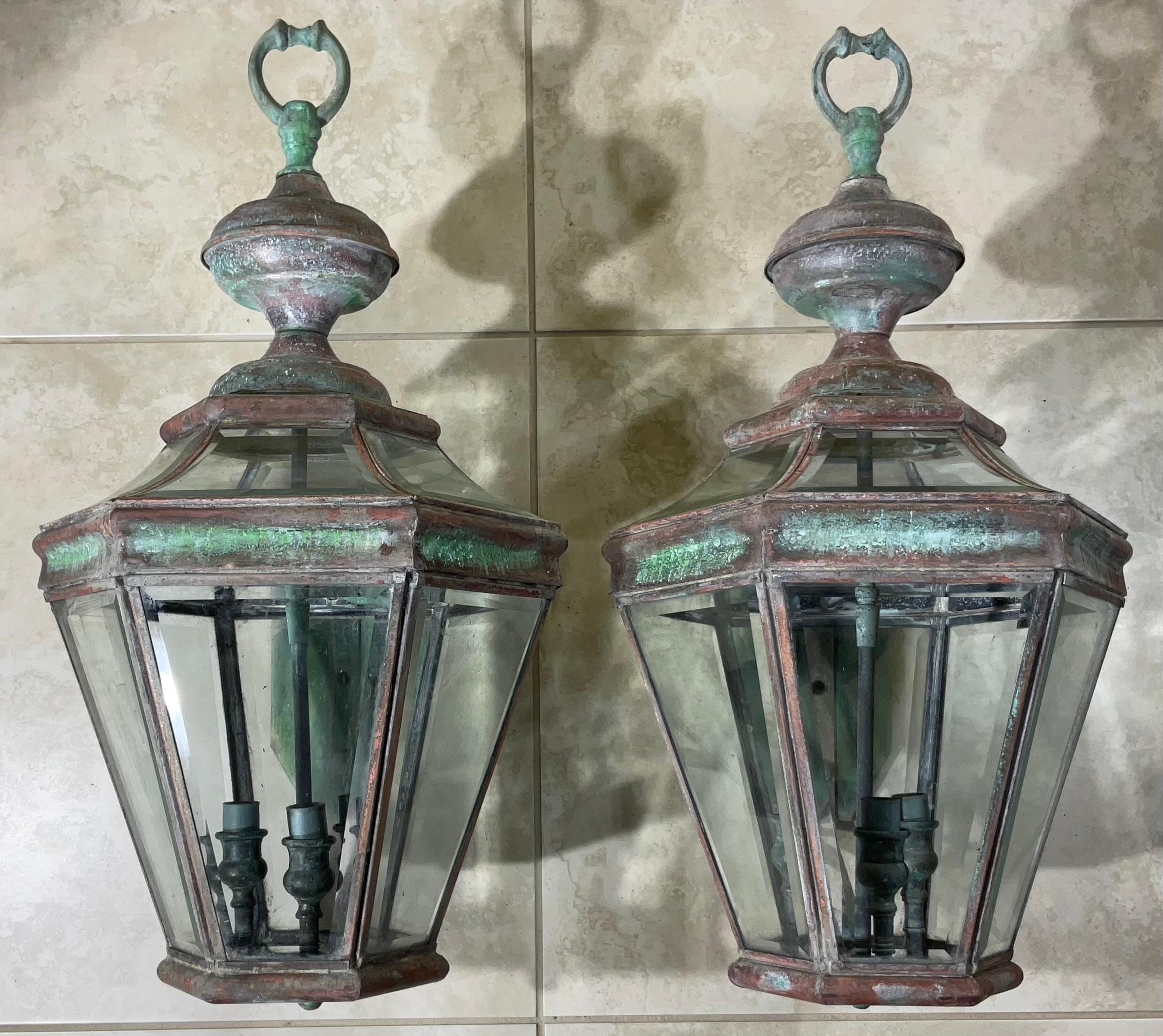 Pair of Large Solid Brass  Architectural Wall Lantern In Good Condition For Sale In Delray Beach, FL