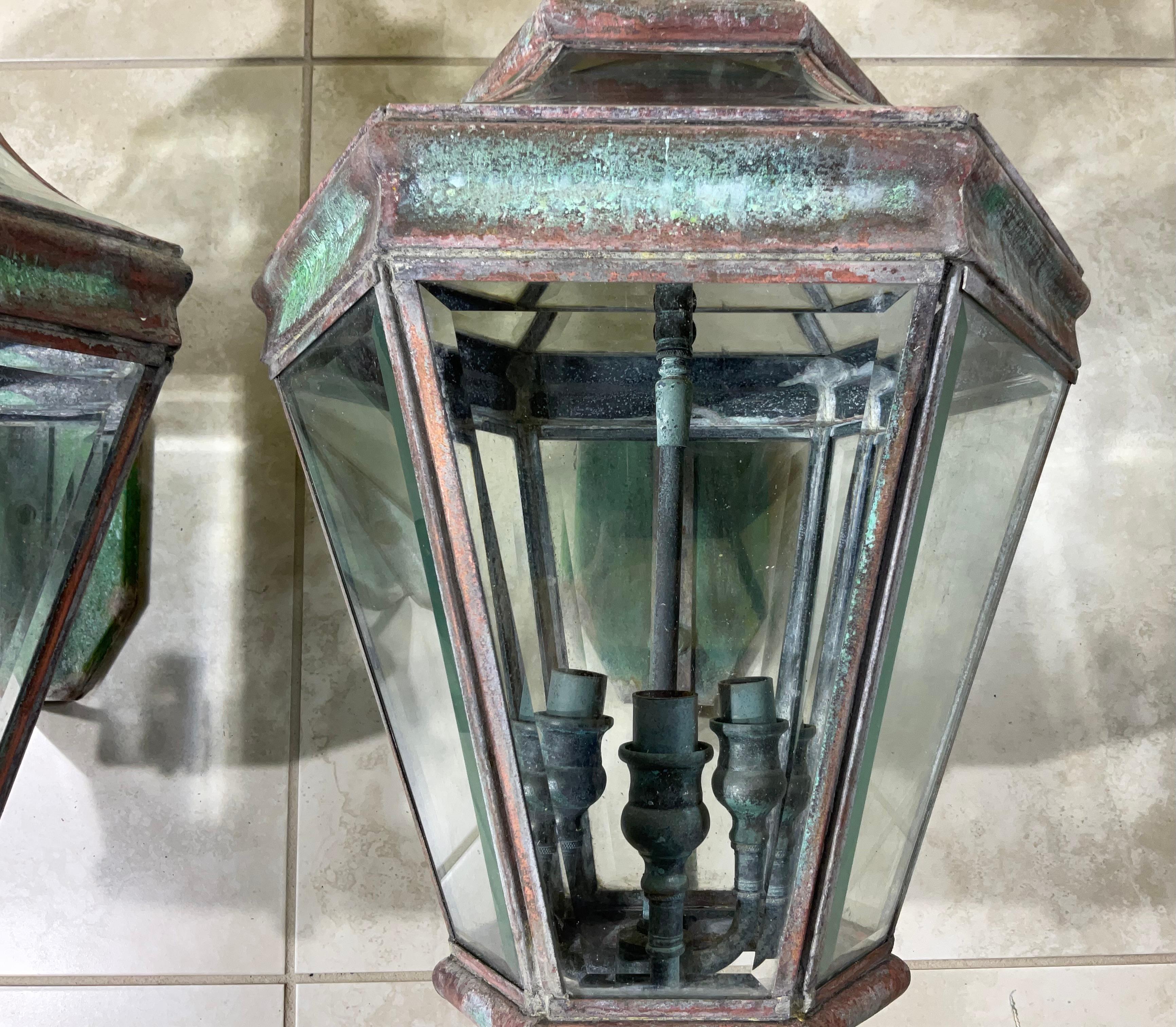 Glass Pair of Large Solid Brass  Architectural Wall Lantern For Sale