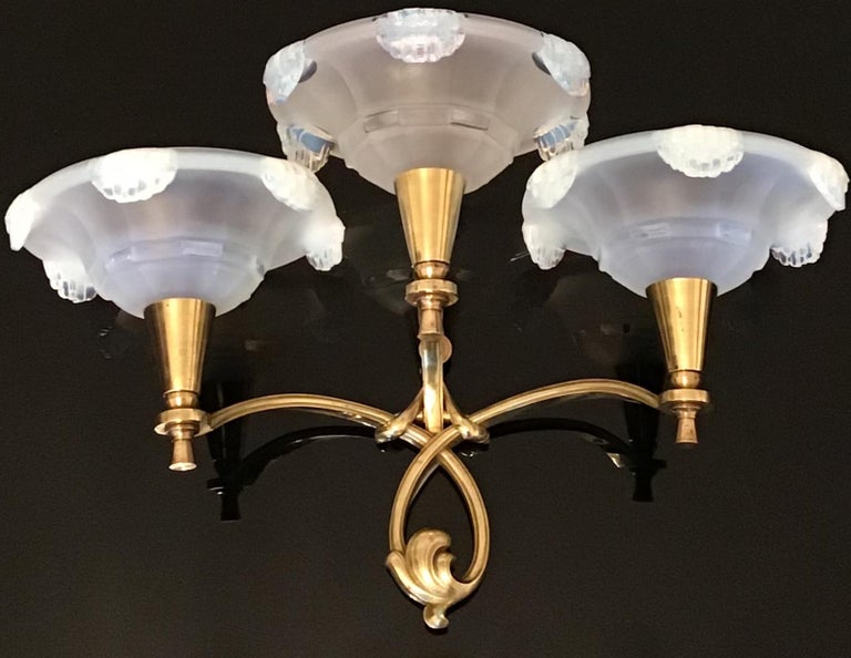 French Pair of Large Solid Brass Stamped Art Deco Wall Sconces, France, circa 1930s For Sale