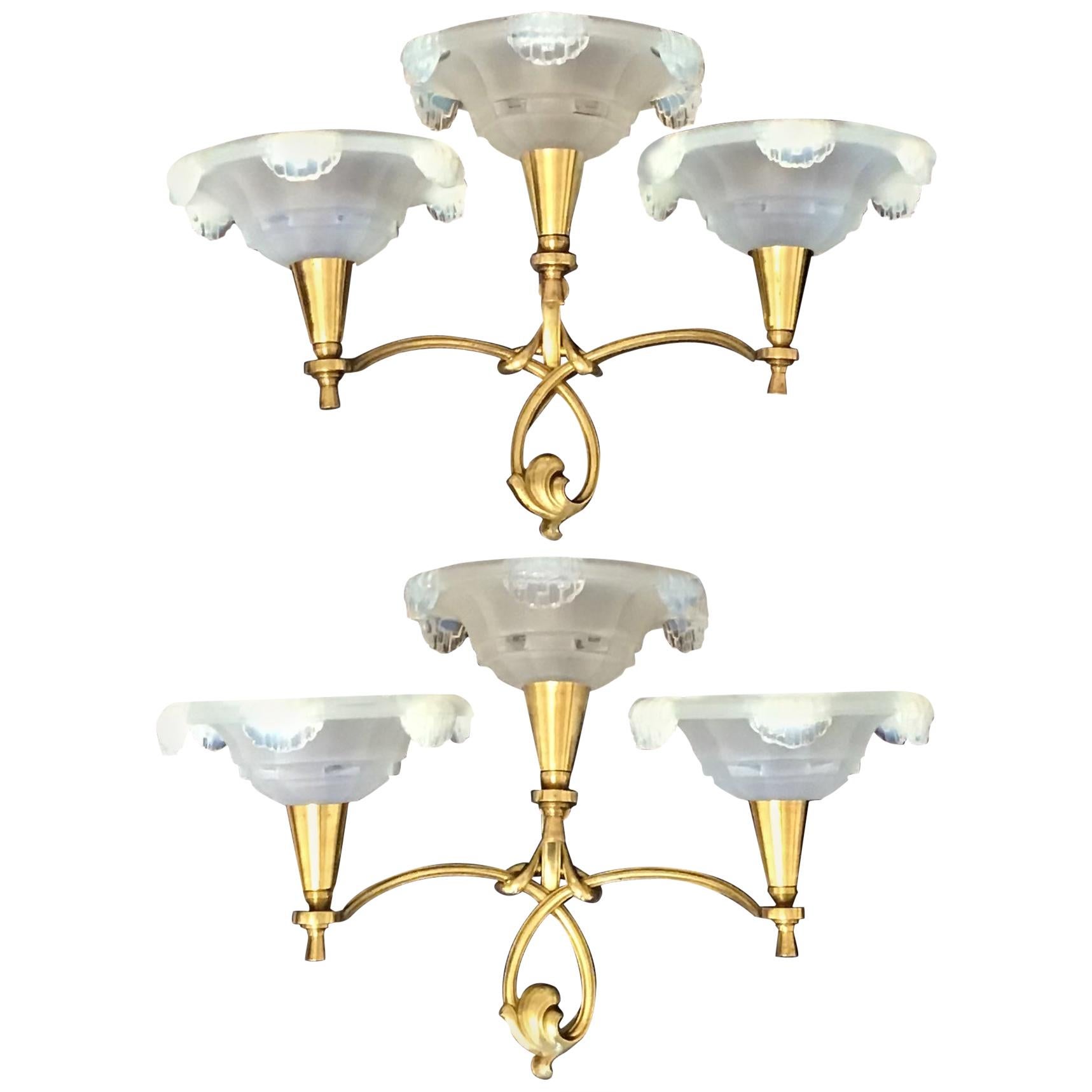 Pair of Large Solid Brass Stamped Art Deco Wall Sconces, France, circa 1930s For Sale
