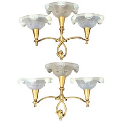 Pair of Large Solid Brass Stamped Art Deco Wall Sconces, France, circa 1930s