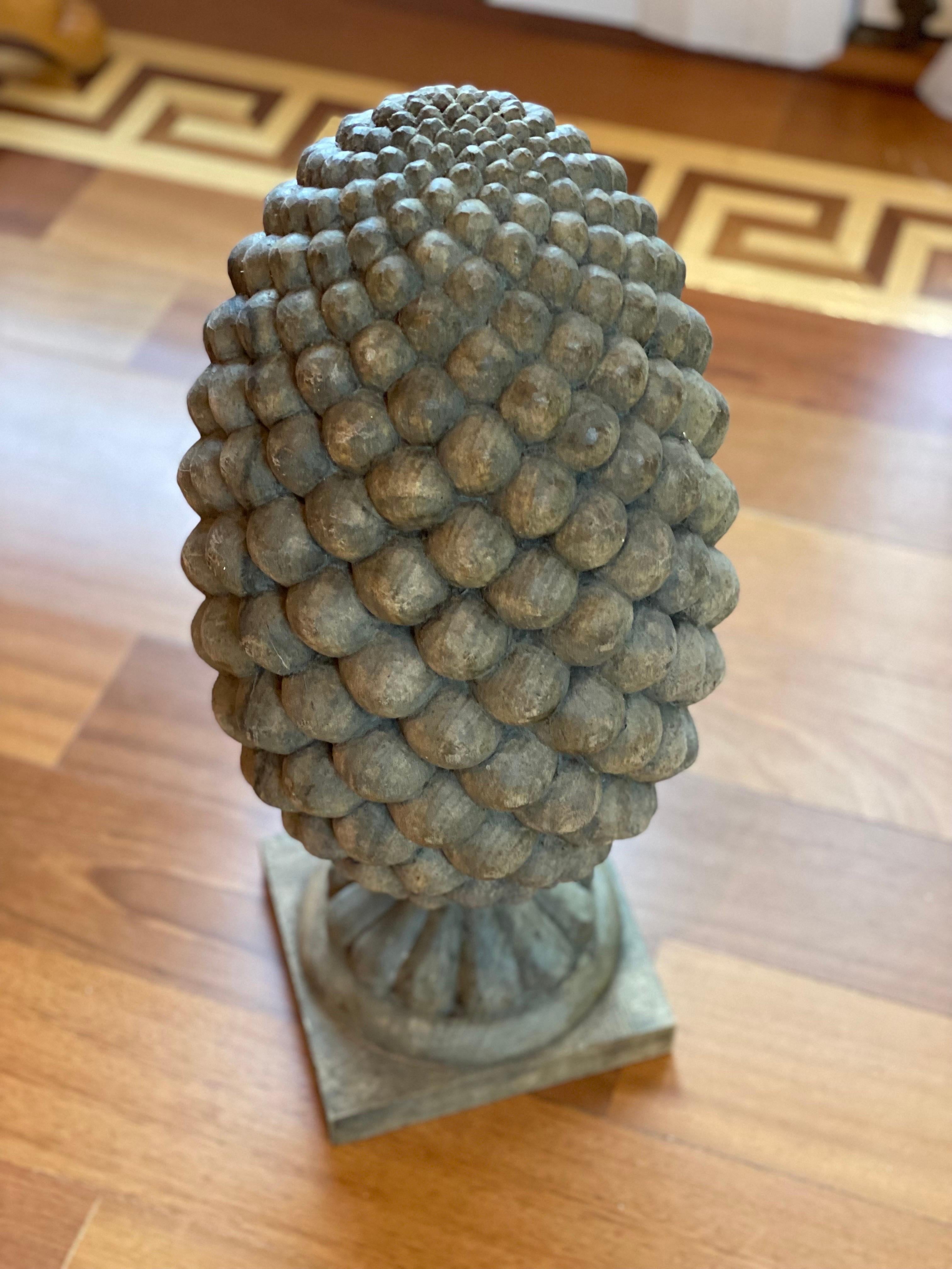 Pair of Large Solid Carved Wood Pinecone Finials For Sale 3