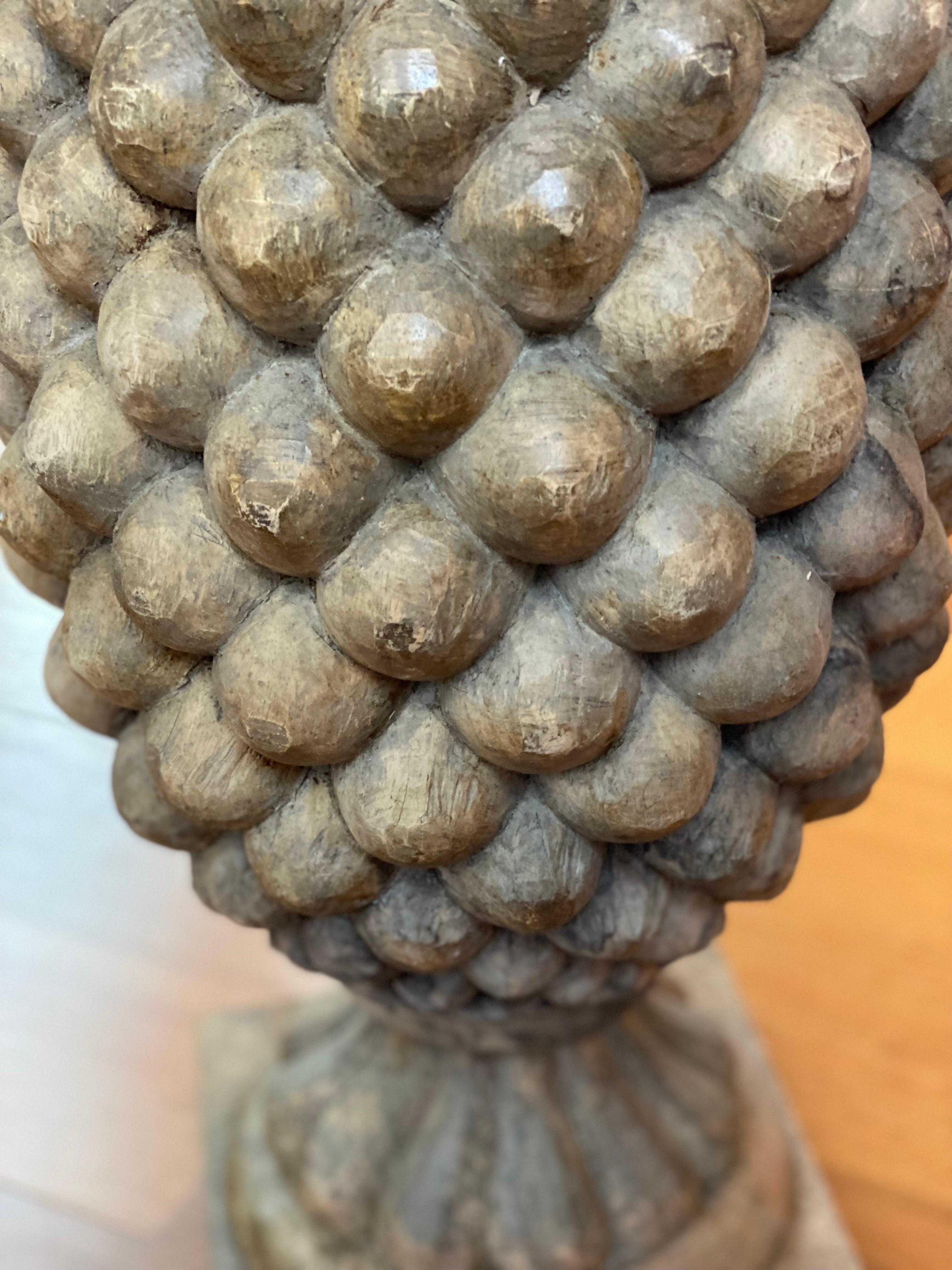 Pair of Large Solid Carved Wood Pinecone Finials For Sale 4